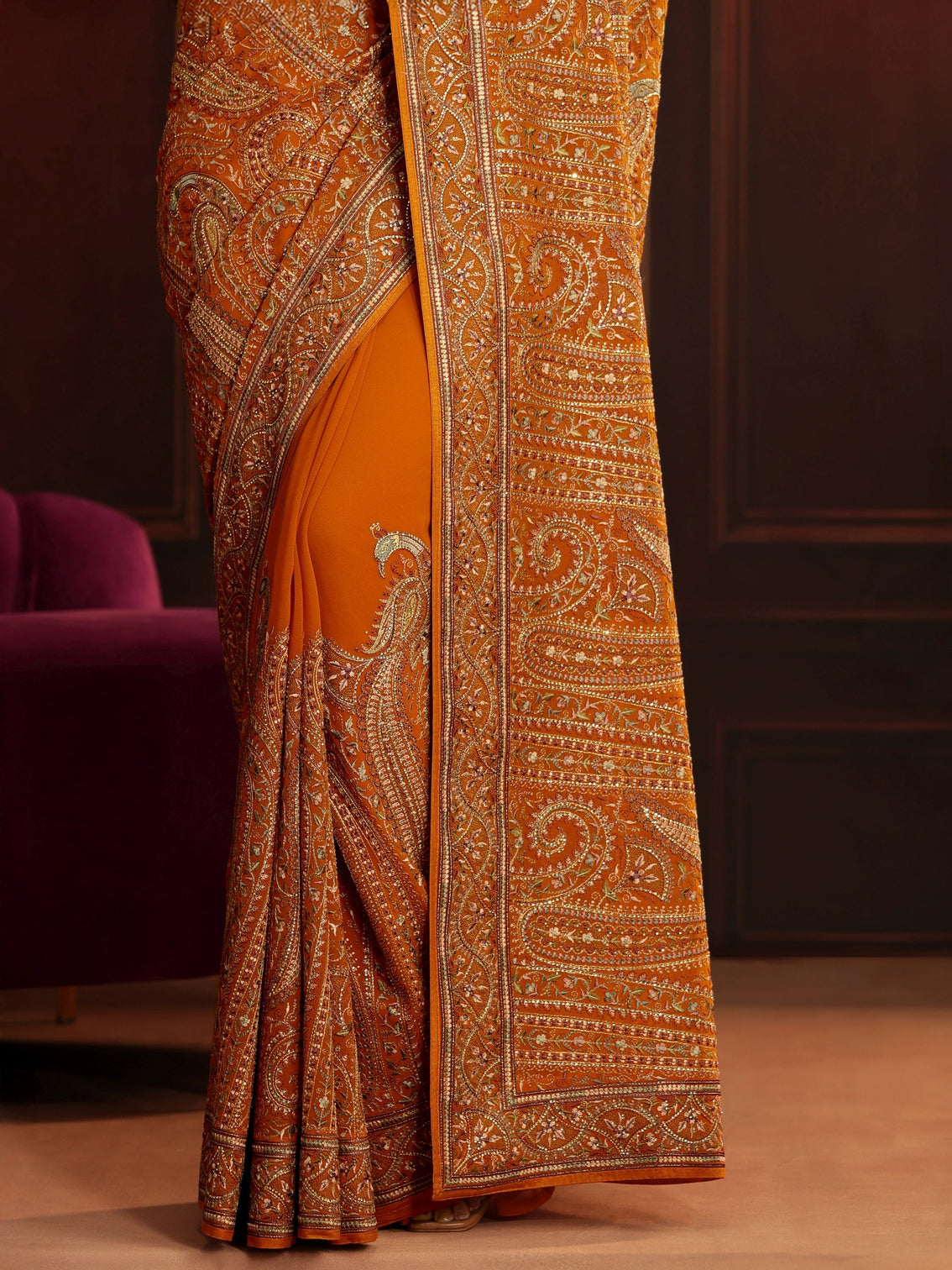 Mameraa Art Orange Embroidered Georgette Saree