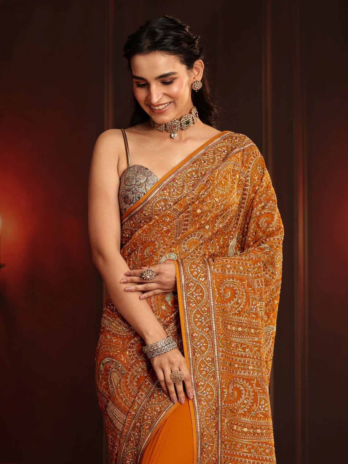 Mameraa Art Orange Embroidered Georgette Saree
