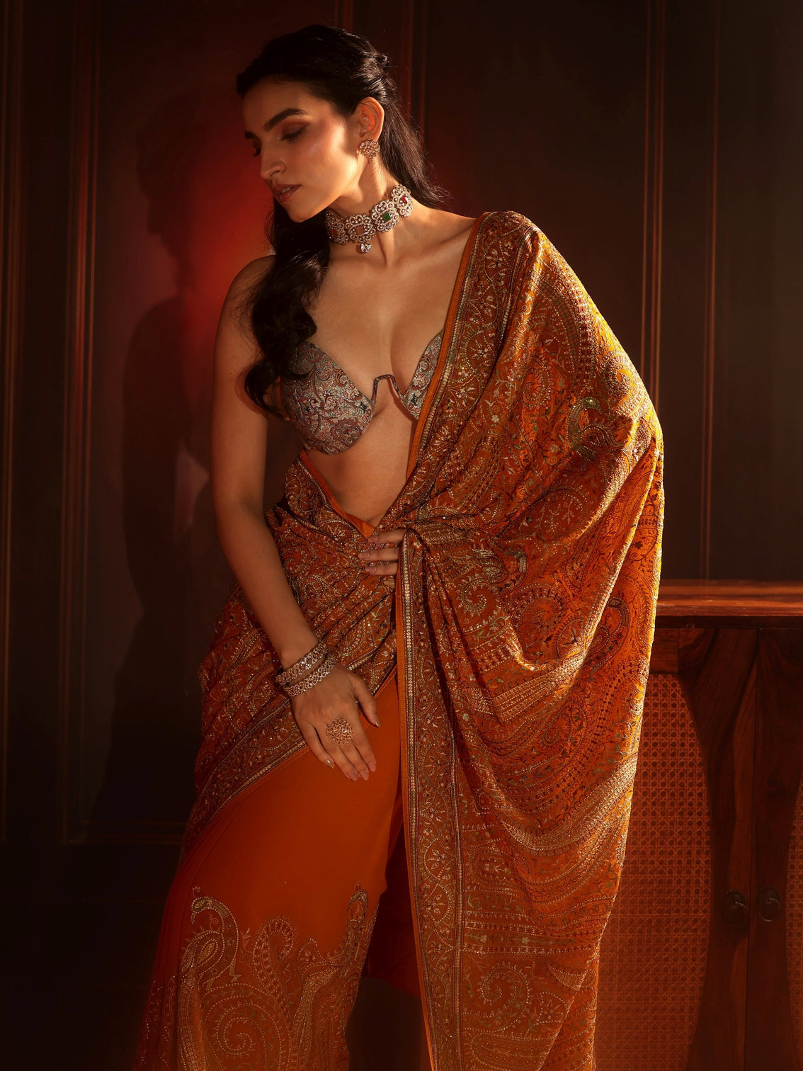 Mameraa Art Orange Embroidered Georgette Saree