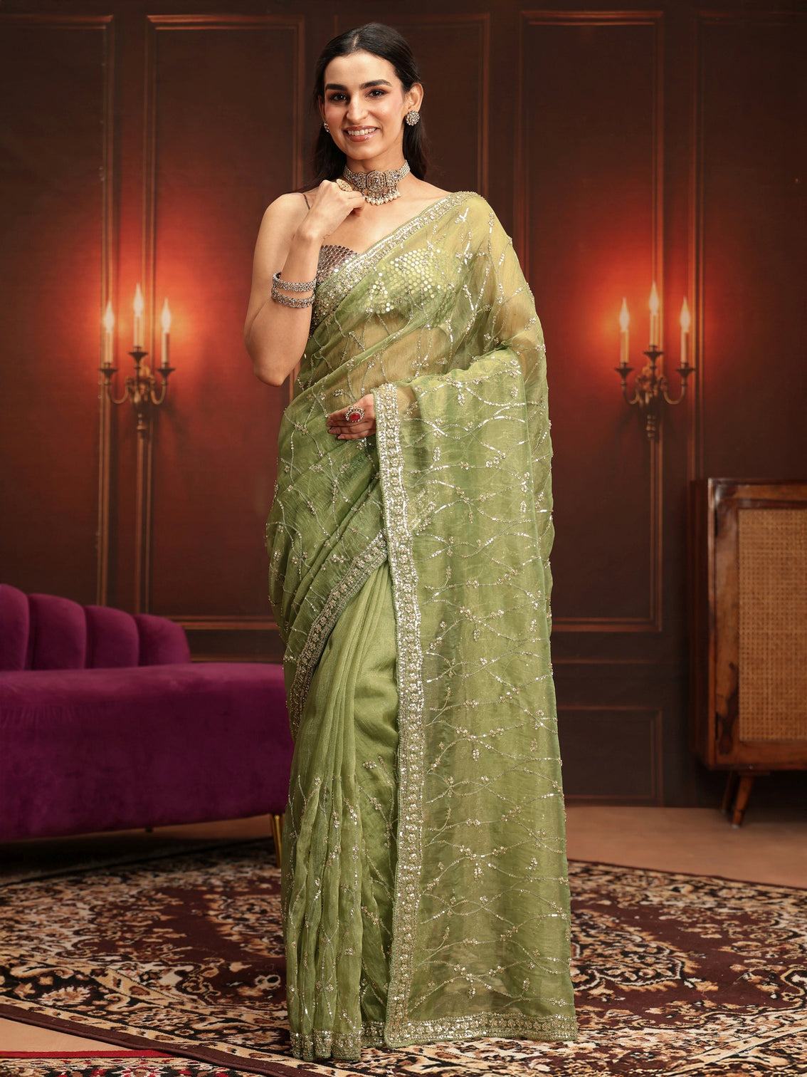 Mameraa Art Pista Green Embellished Tissue Saree