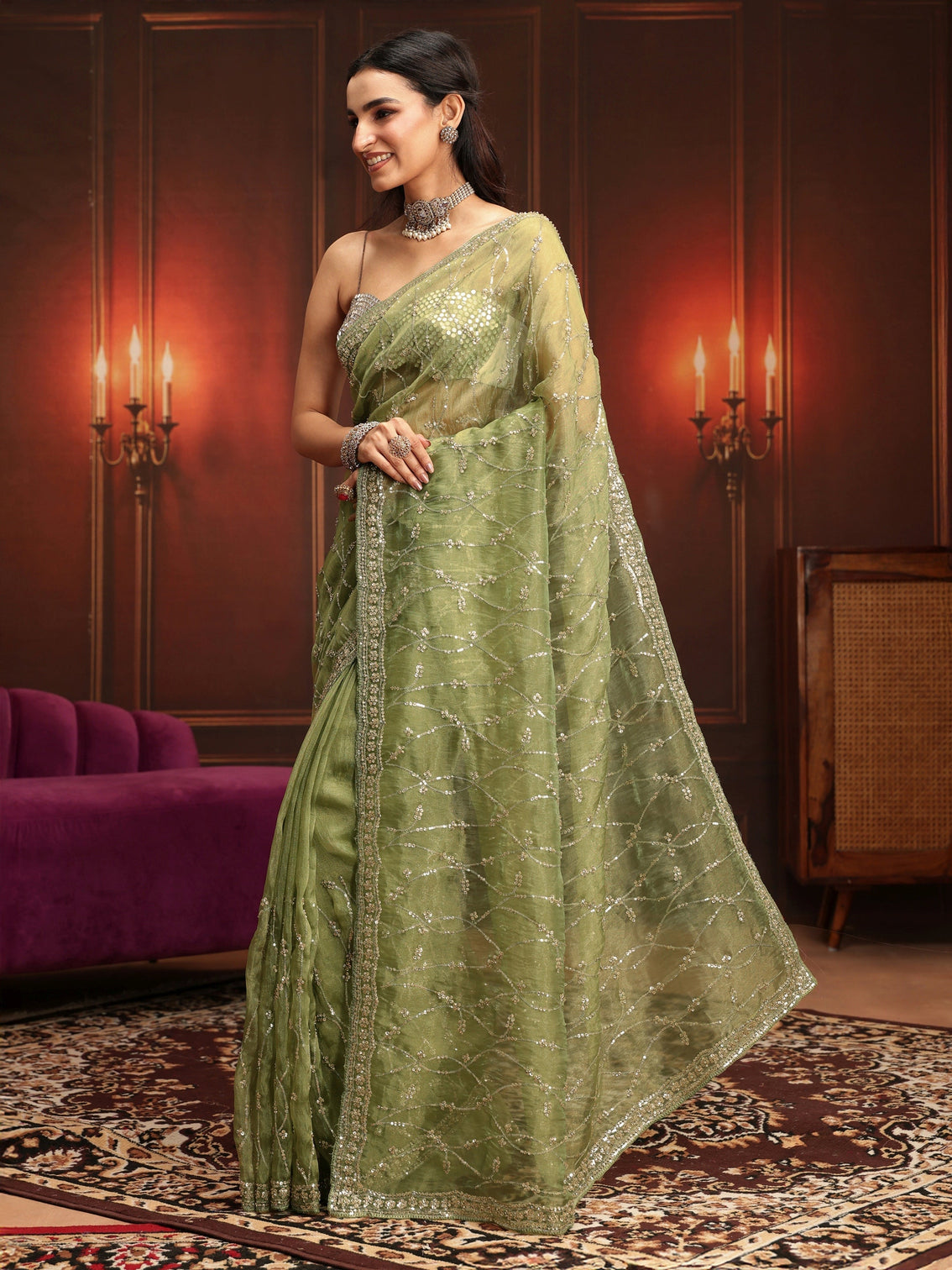 Mameraa Art Pista Green Embellished Tissue Saree
