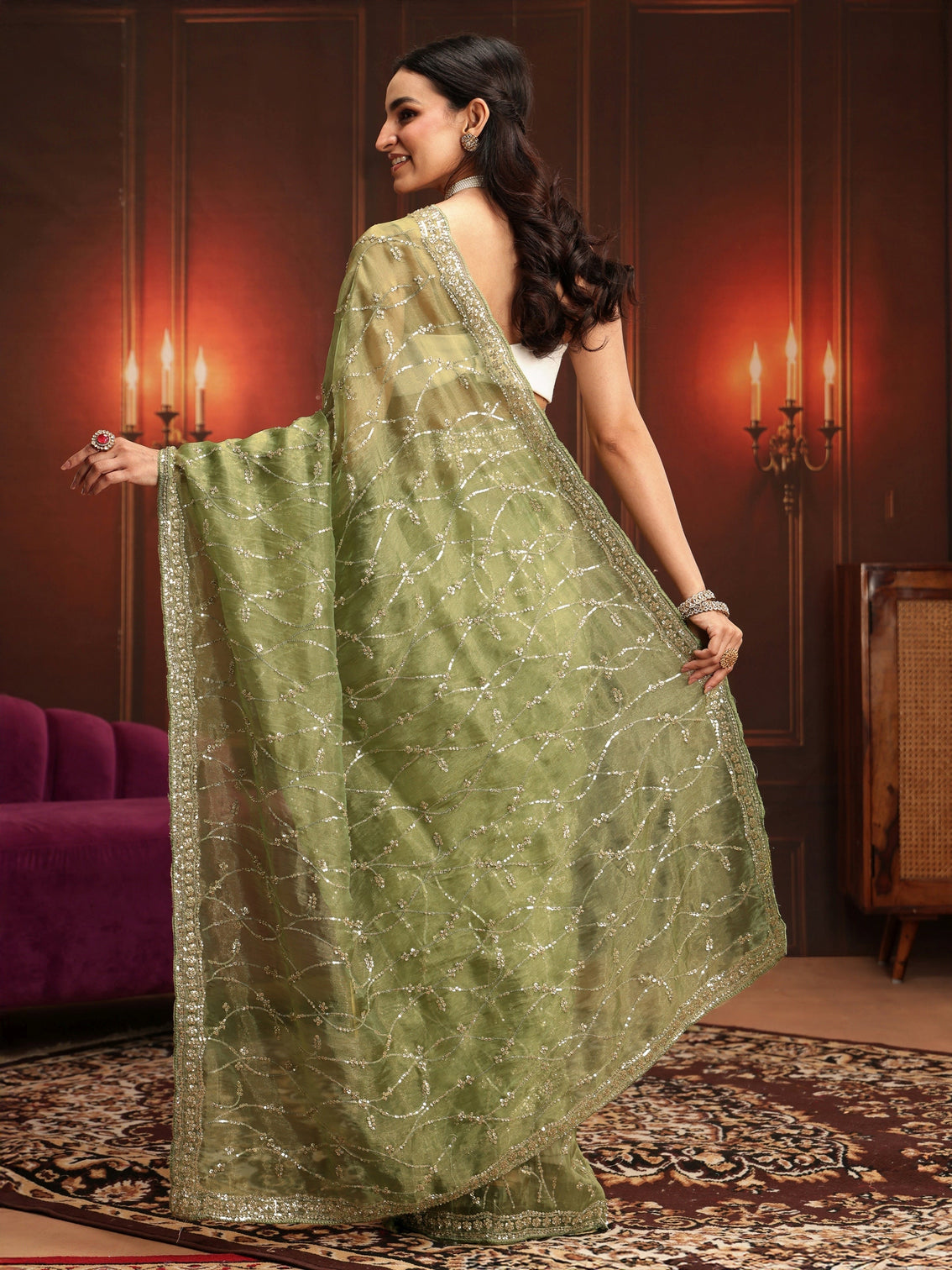 Mameraa Art Pista Green Embellished Tissue Saree