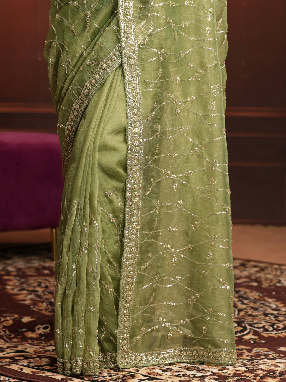 Mameraa Art Pista Green Embellished Tissue Saree
