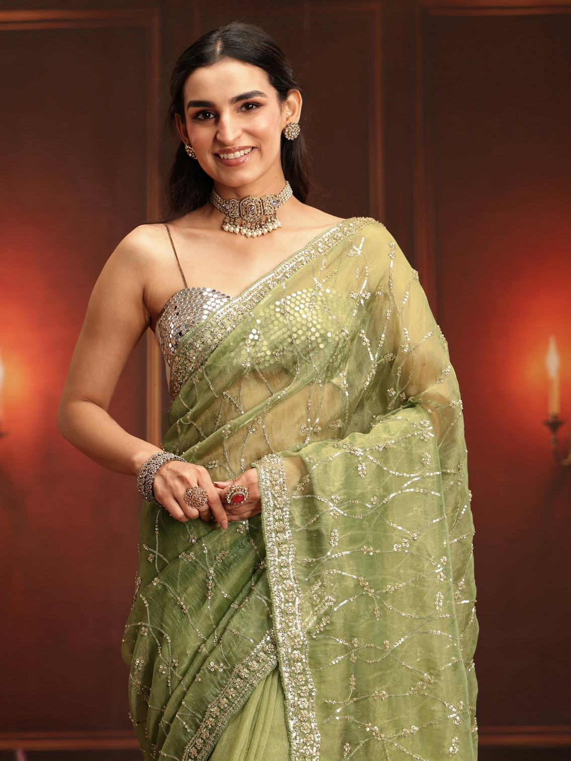 Mameraa Art Pista Green Embellished Tissue Saree