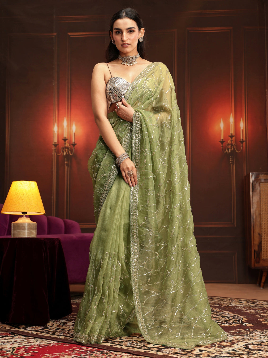 Mameraa Art Pista Green Embellished Tissue Saree