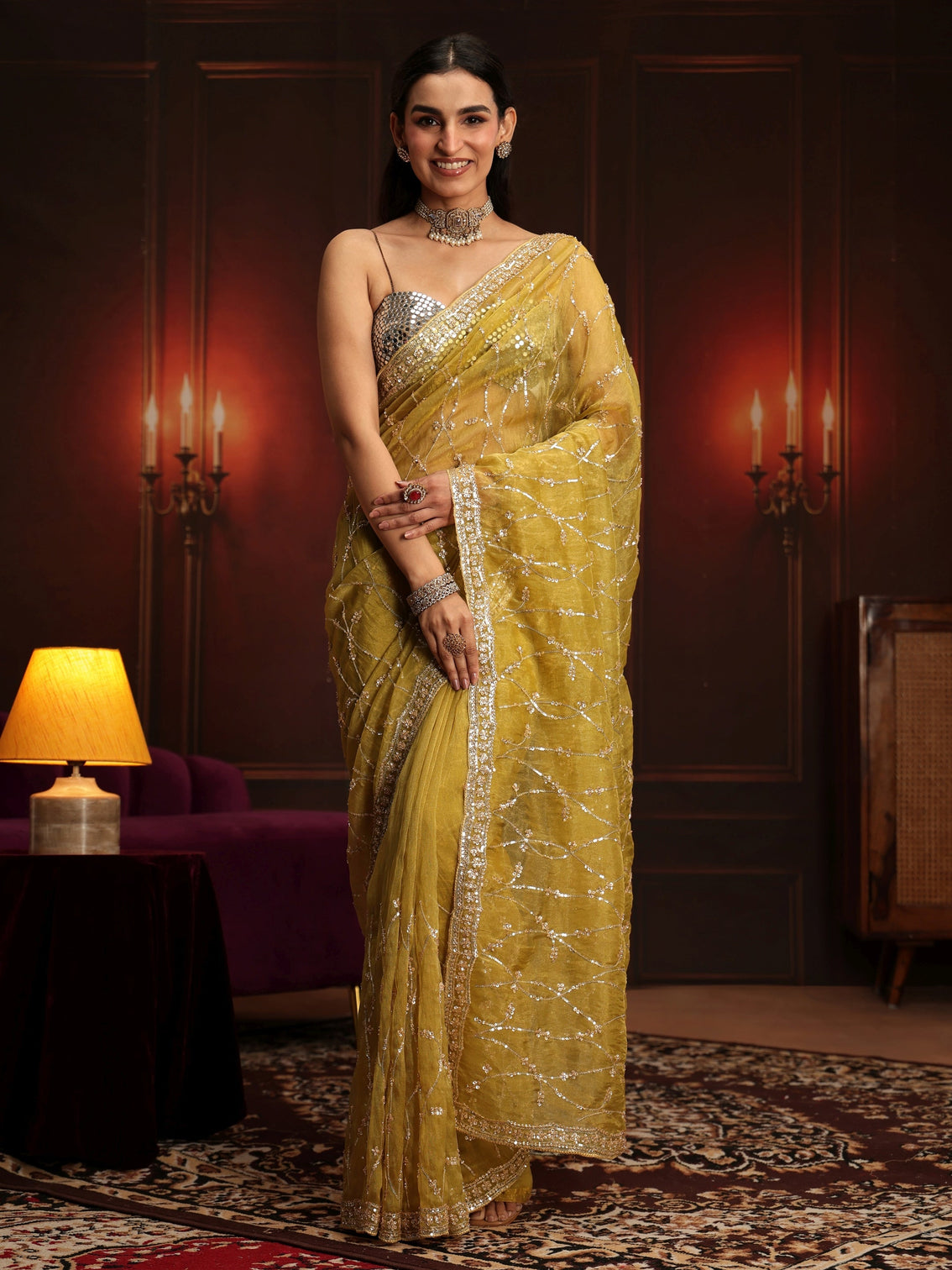 Mameraa Art Yellow Embellished Tissue Saree