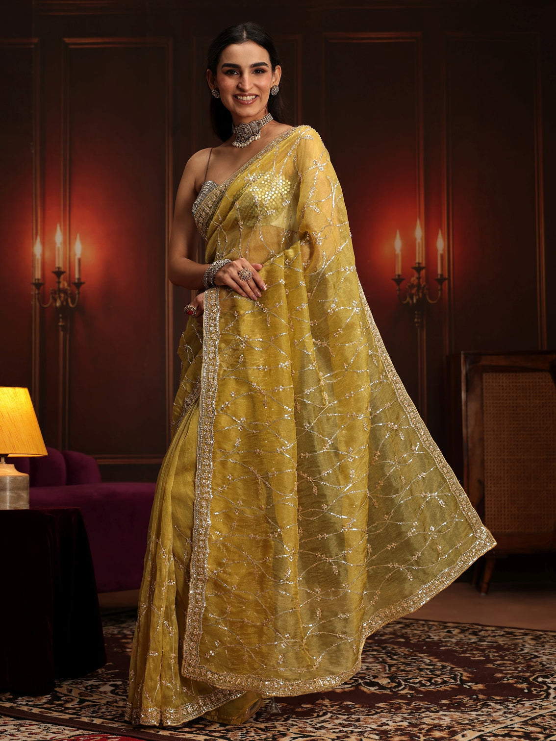Mameraa Art Yellow Embellished Tissue Saree