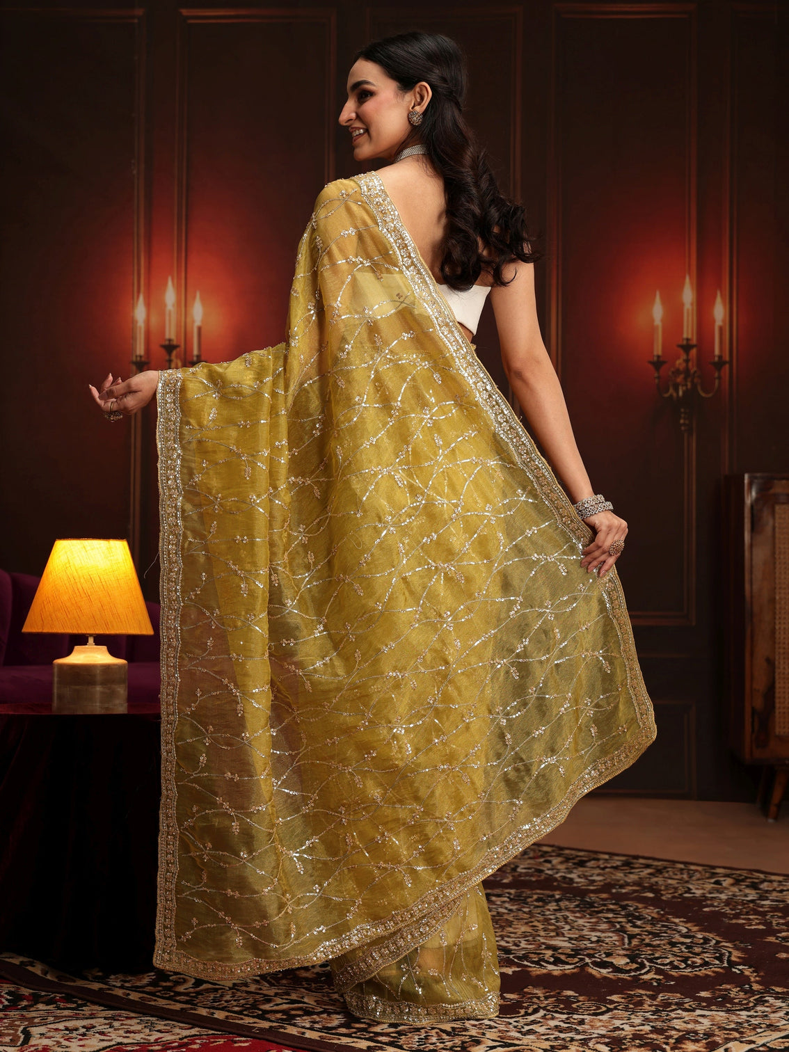 Mameraa Art Yellow Embellished Tissue Saree