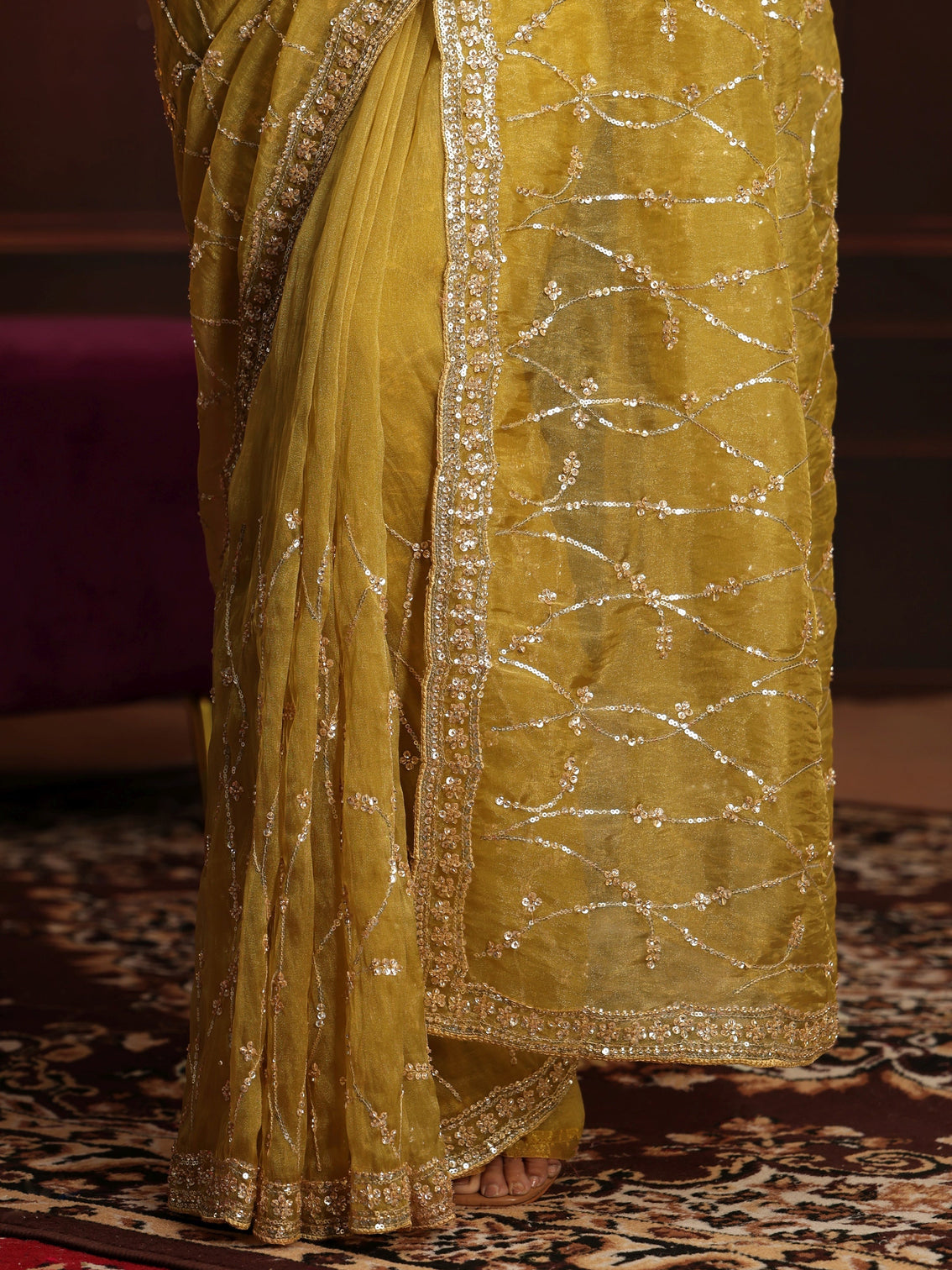Mameraa Art Yellow Embellished Tissue Saree