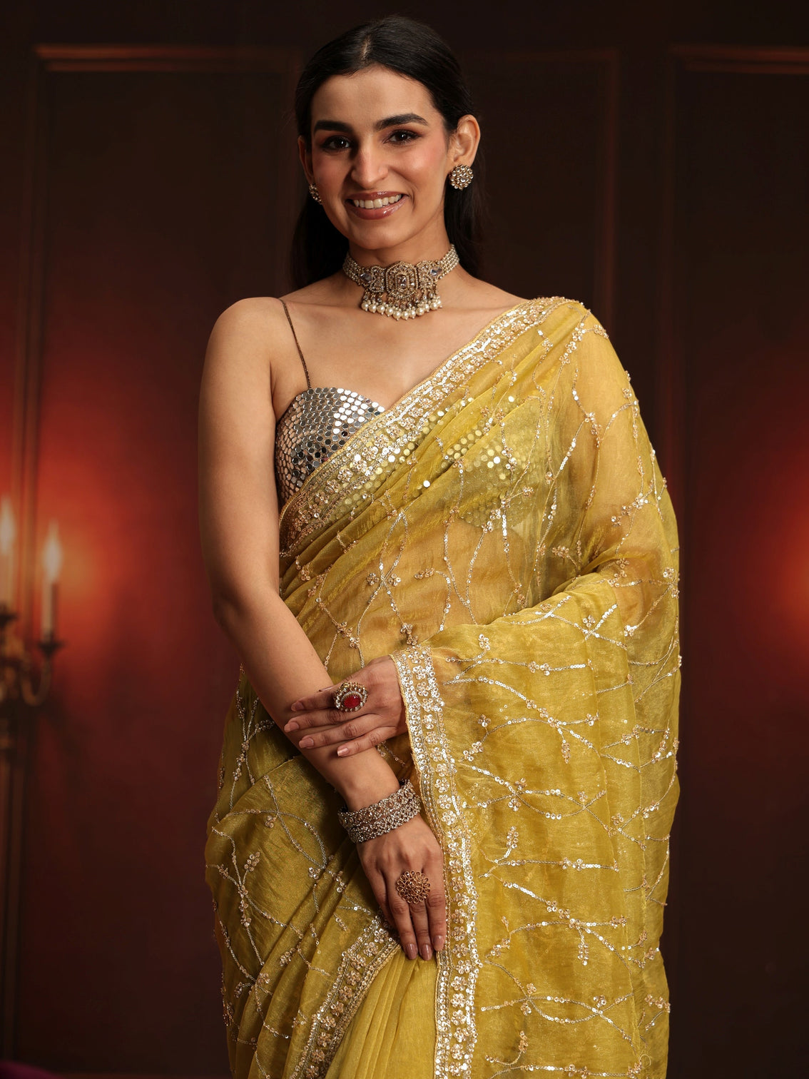 Mameraa Art Yellow Embellished Tissue Saree