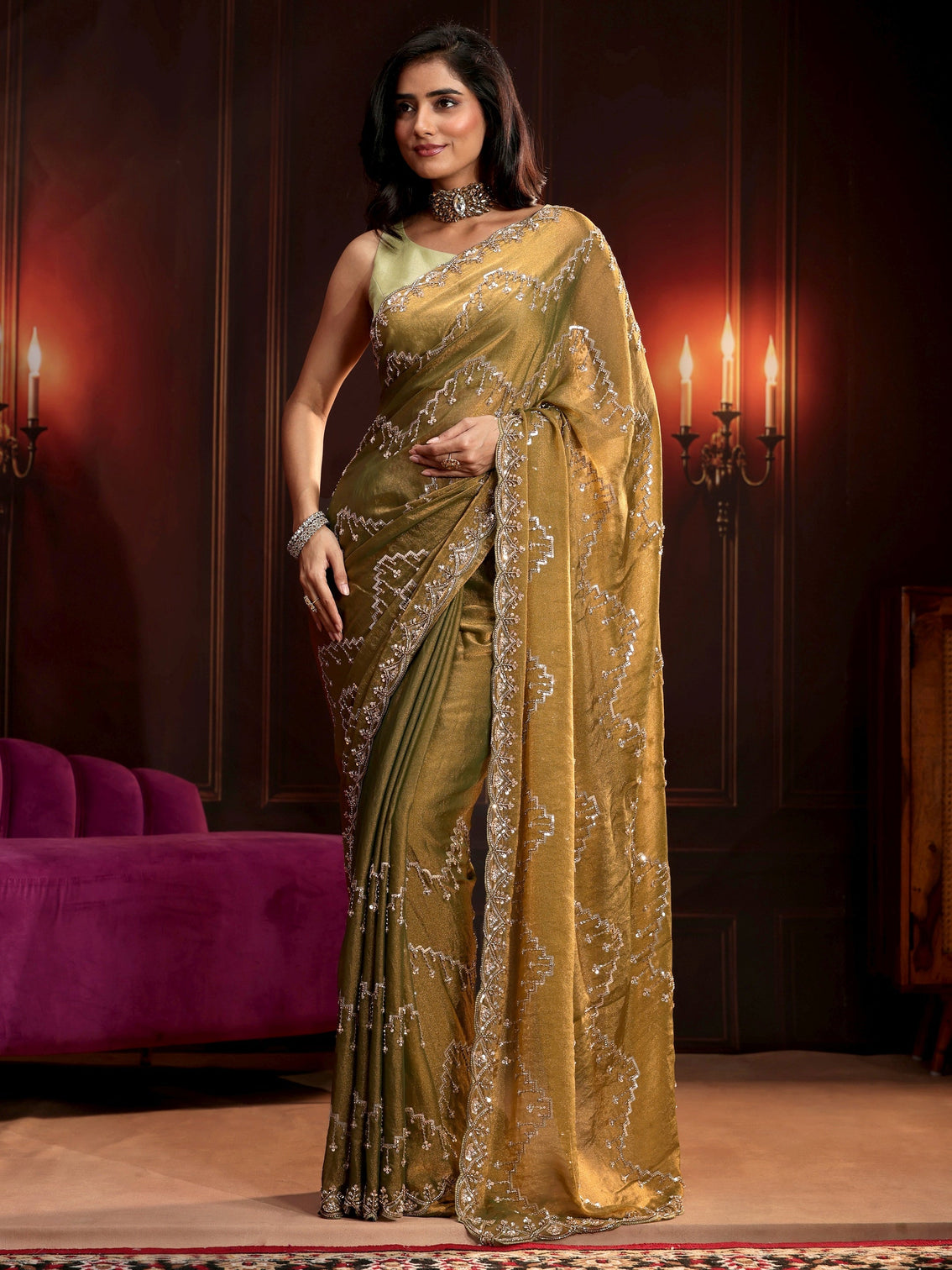 Mameraa Art Dusty Olive Green Embellished Tissue Saree