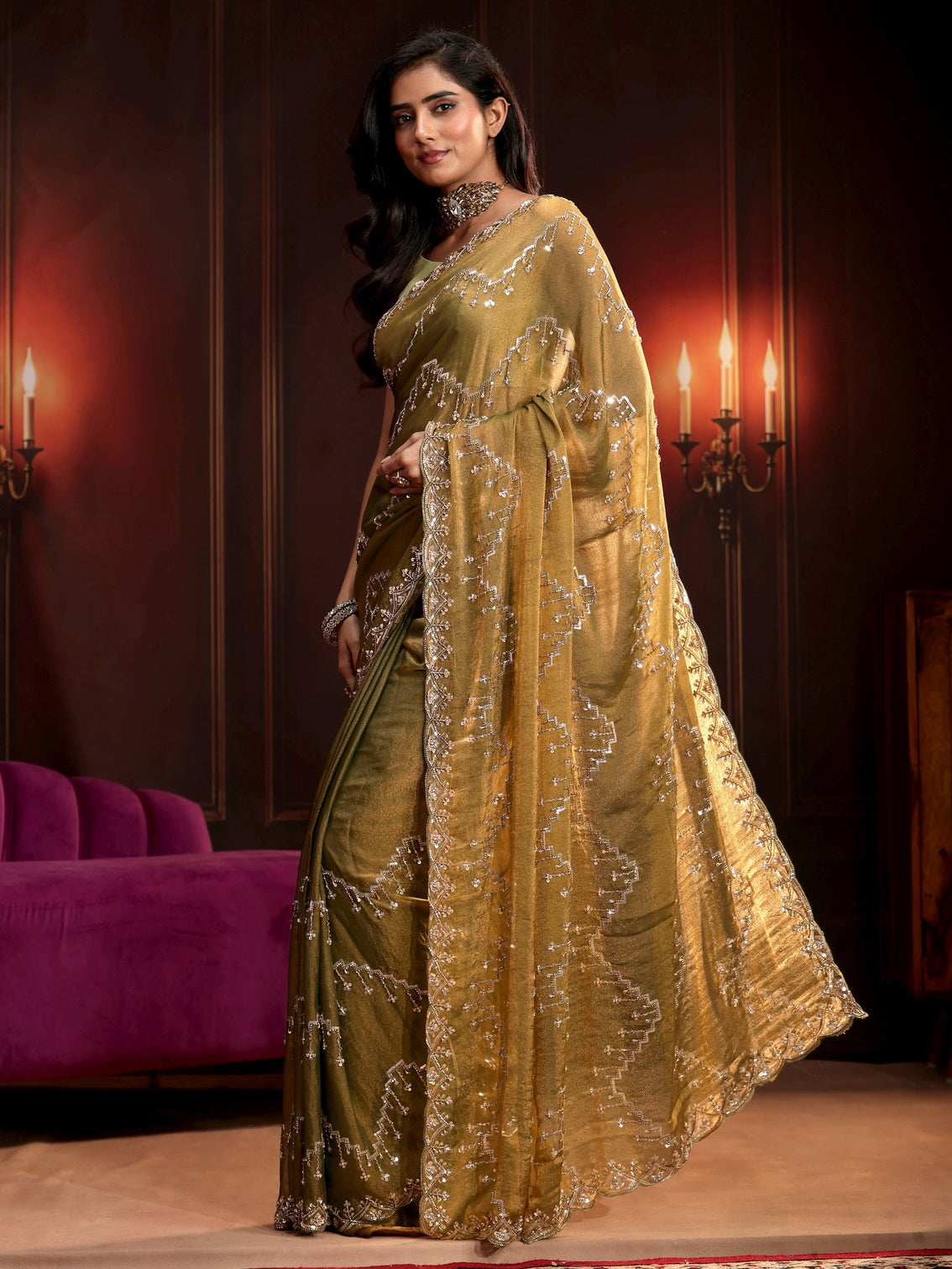 Mameraa Art Dusty Olive Green Embellished Tissue Saree