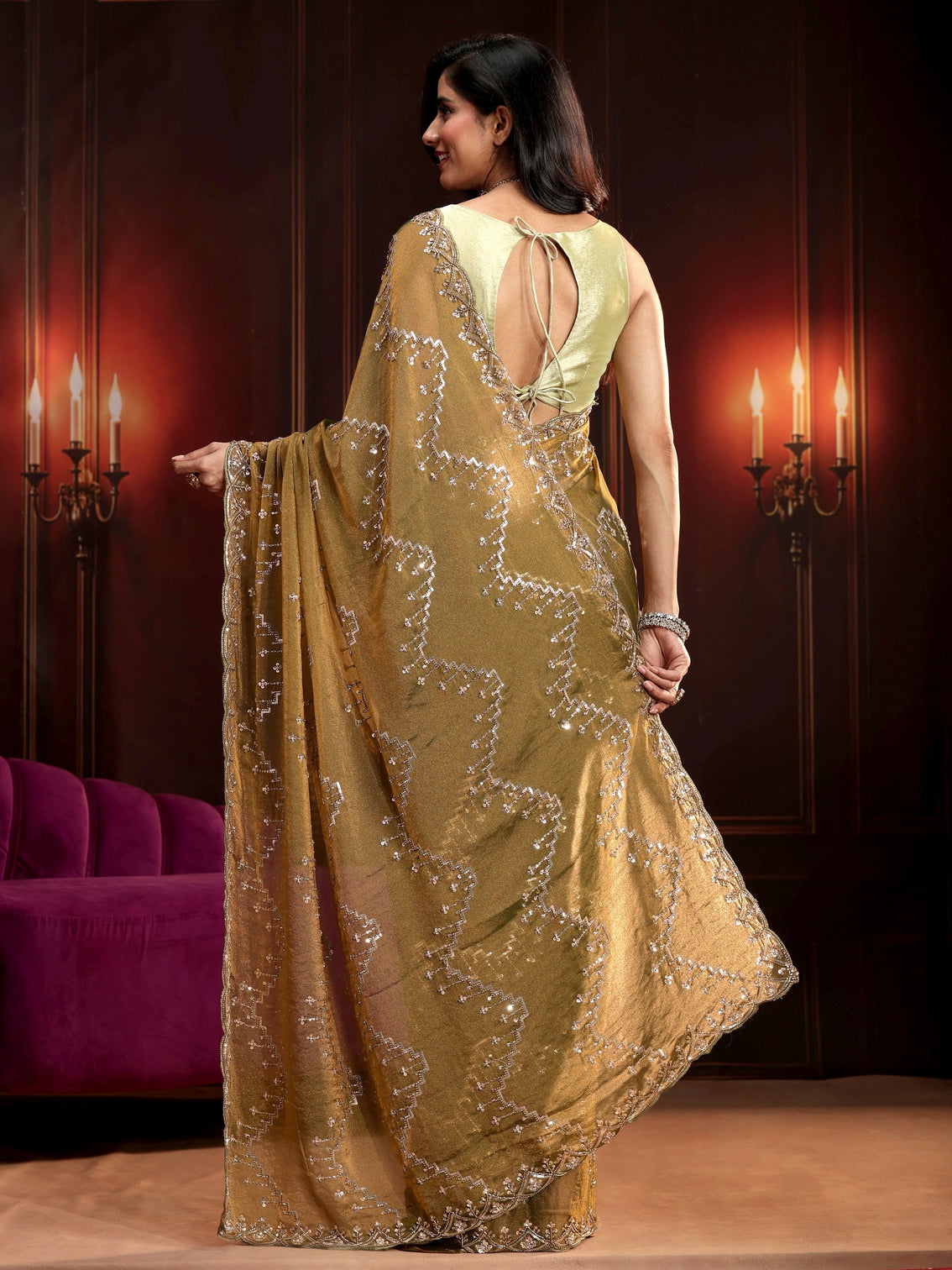 Mameraa Art Dusty Olive Green Embellished Tissue Saree