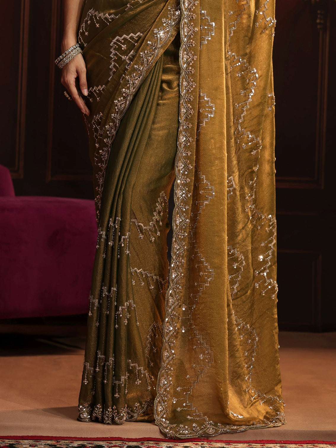 Mameraa Art Dusty Olive Green Embellished Tissue Saree