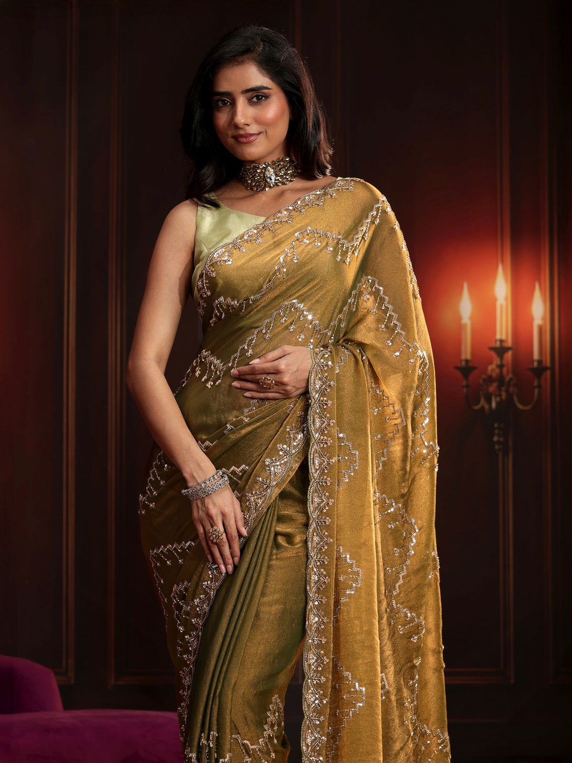 Mameraa Art Dusty Olive Green Embellished Tissue Saree