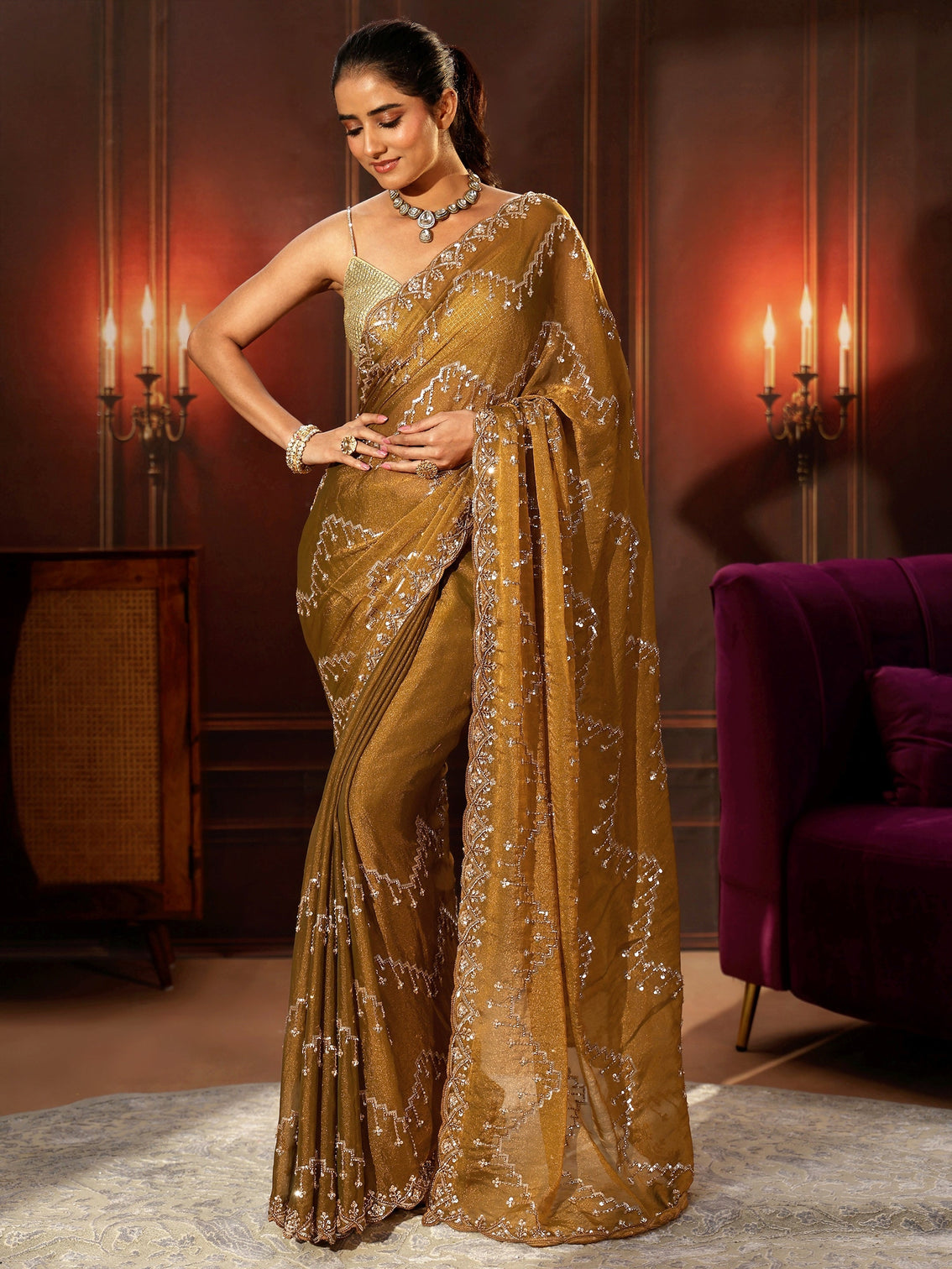 Mameraa Art Rust Brown Embellished Tissue Saree