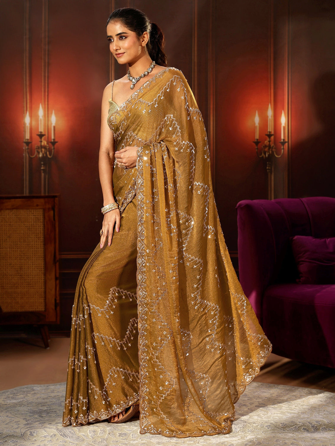 Mameraa Art Rust Brown Embellished Tissue Saree