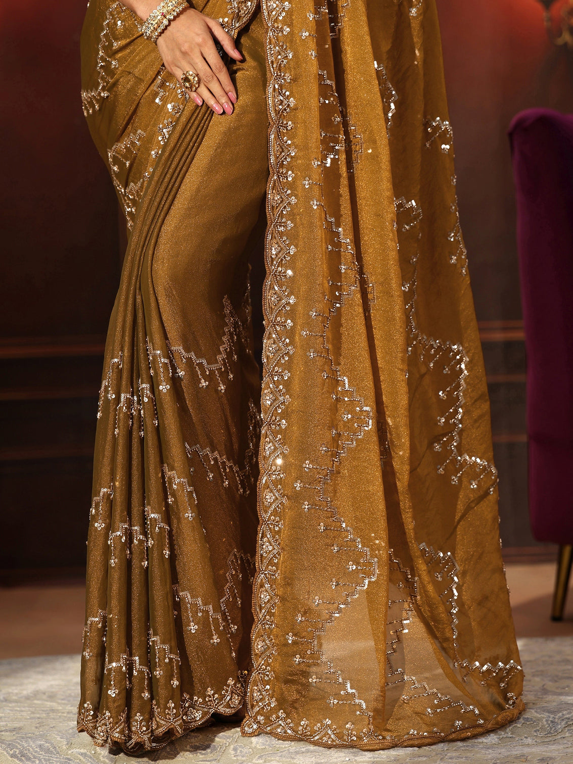 Mameraa Art Rust Brown Embellished Tissue Saree