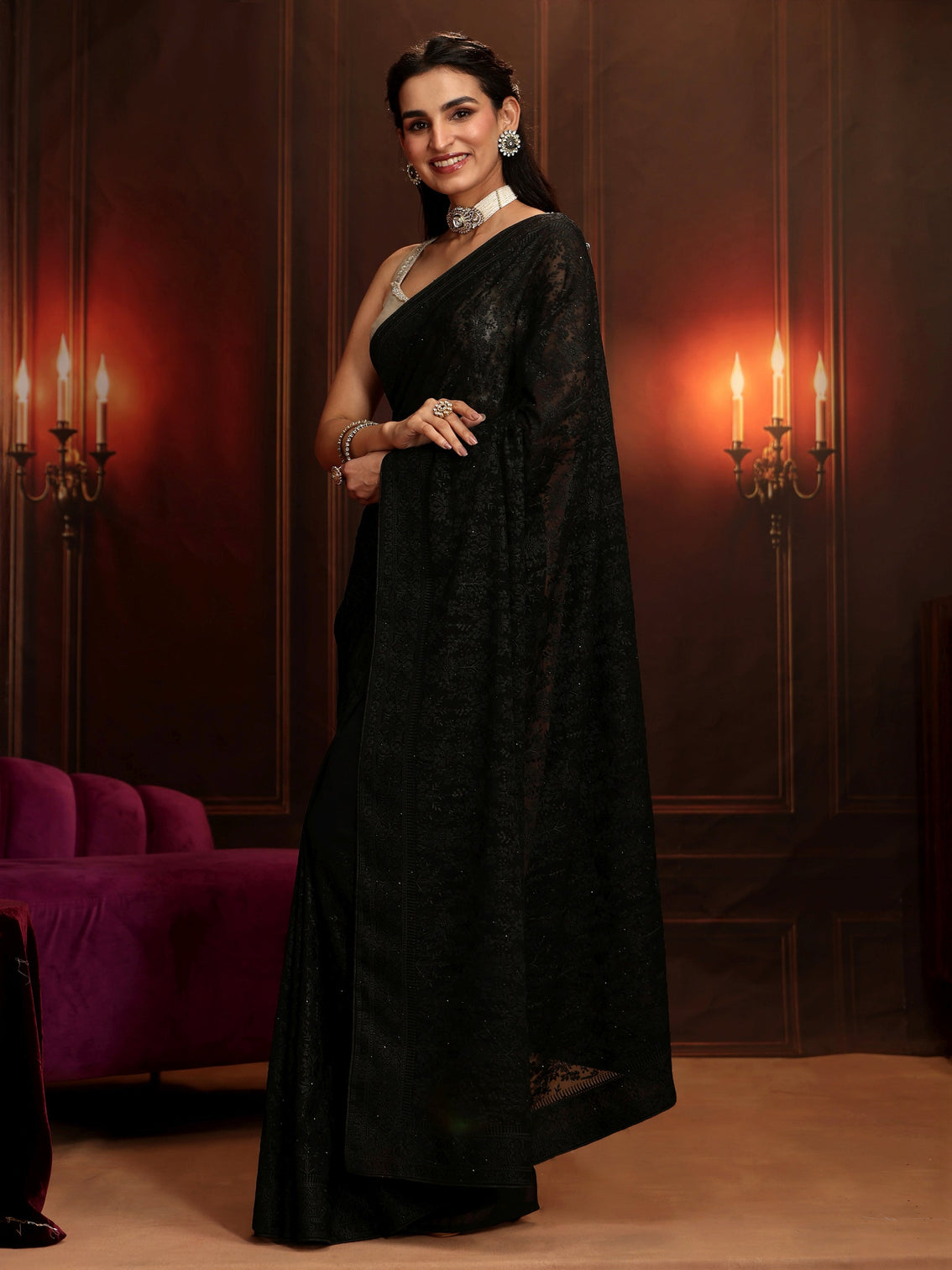 Mameraa Art Black Floral Embroidered Georgette Saree