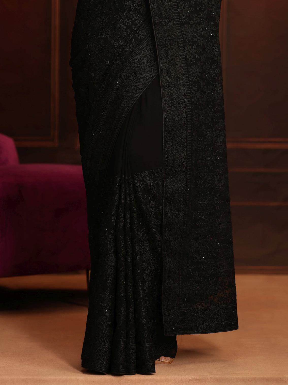 Mameraa Art Black Floral Embroidered Georgette Saree