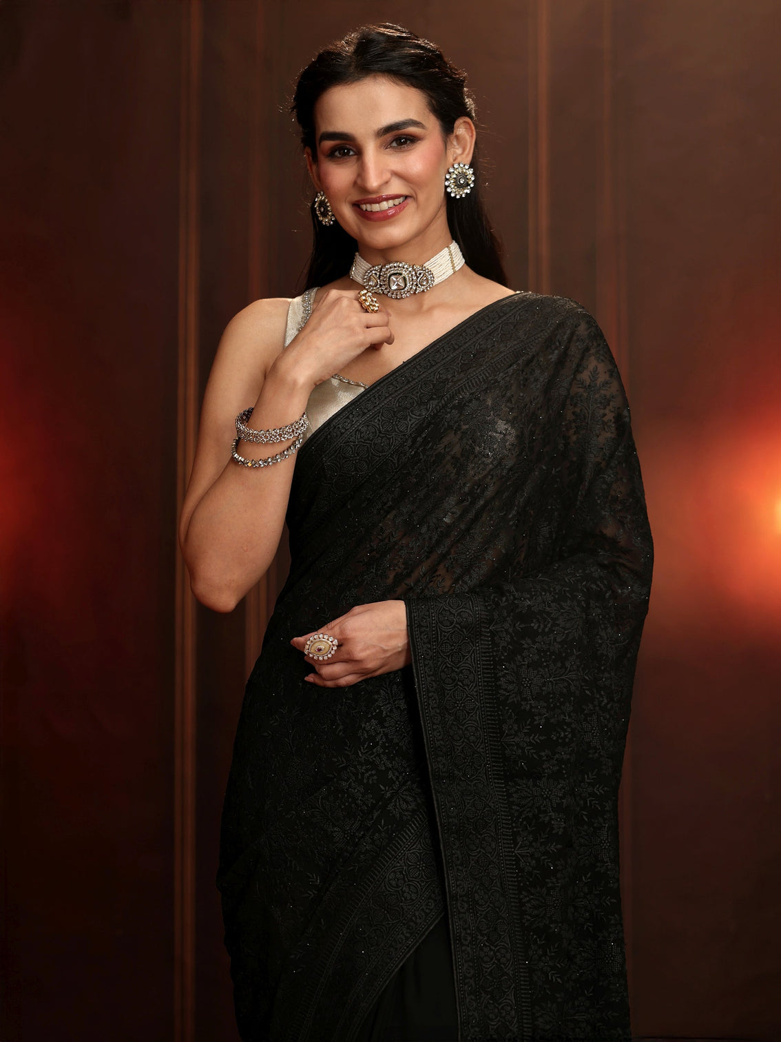 Mameraa Art Black Floral Embroidered Georgette Saree