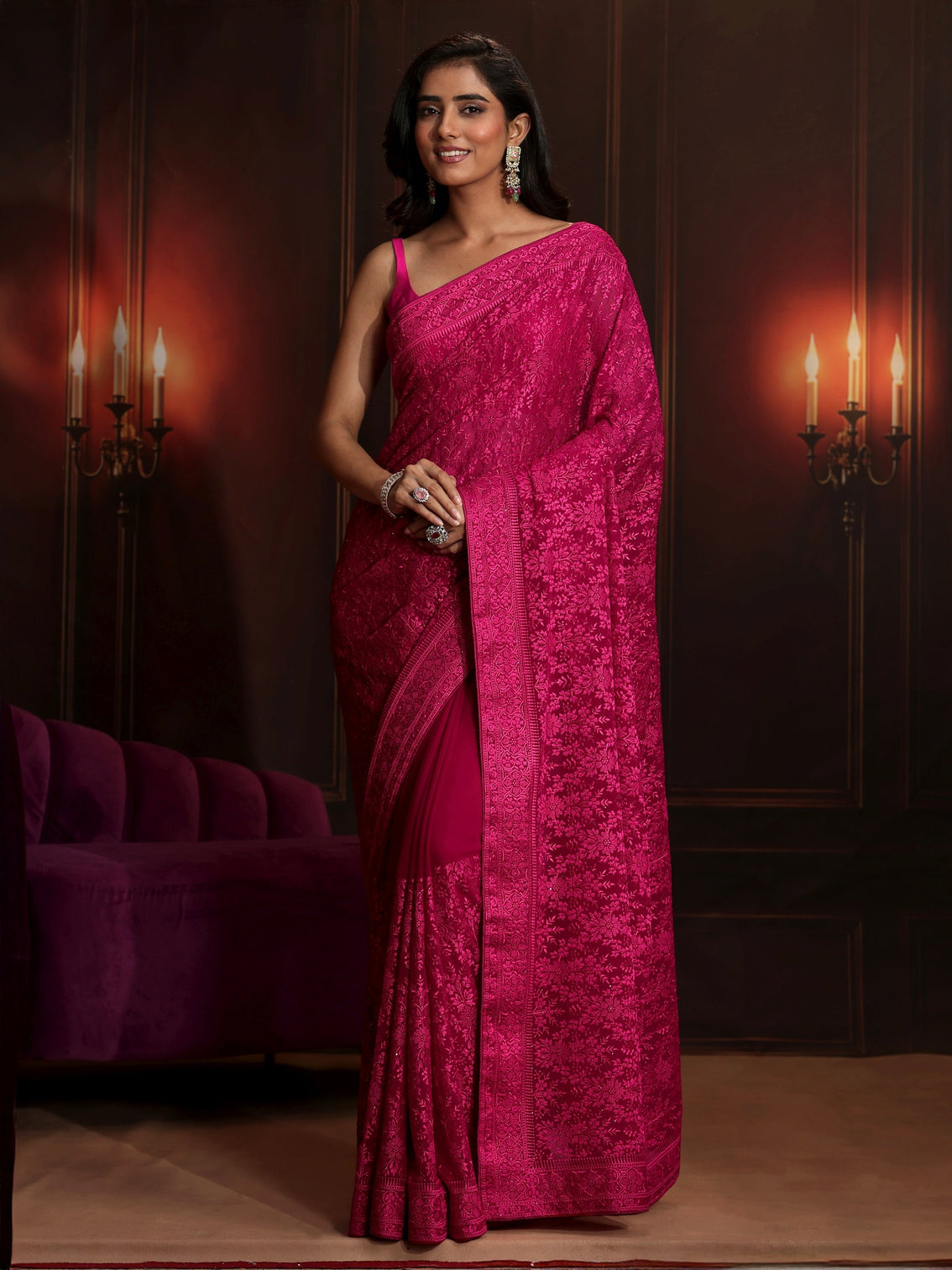 Mameraa Art Rani Pink Floral Embroidered Georgette Saree