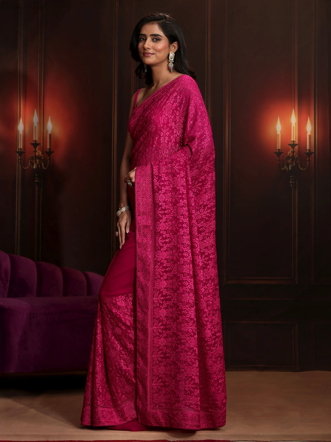 Mameraa Art Rani Pink Floral Embroidered Georgette Saree