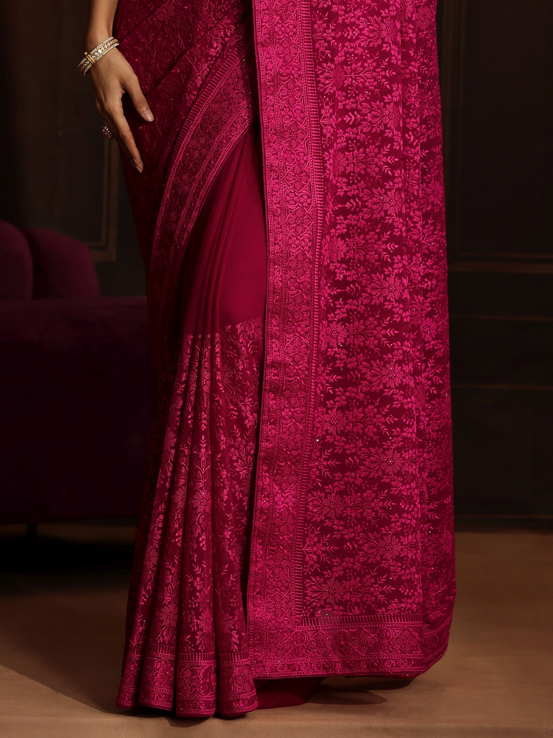 Mameraa Art Rani Pink Floral Embroidered Georgette Saree