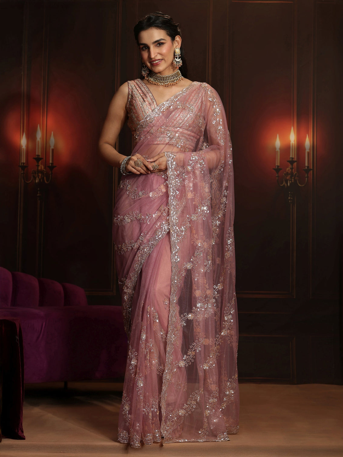 Mameraa Art Dusty Rose Pink Embellished Net Saree