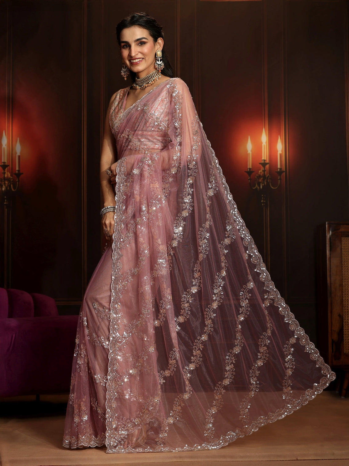 Mameraa Art Dusty Rose Pink Embellished Net Saree