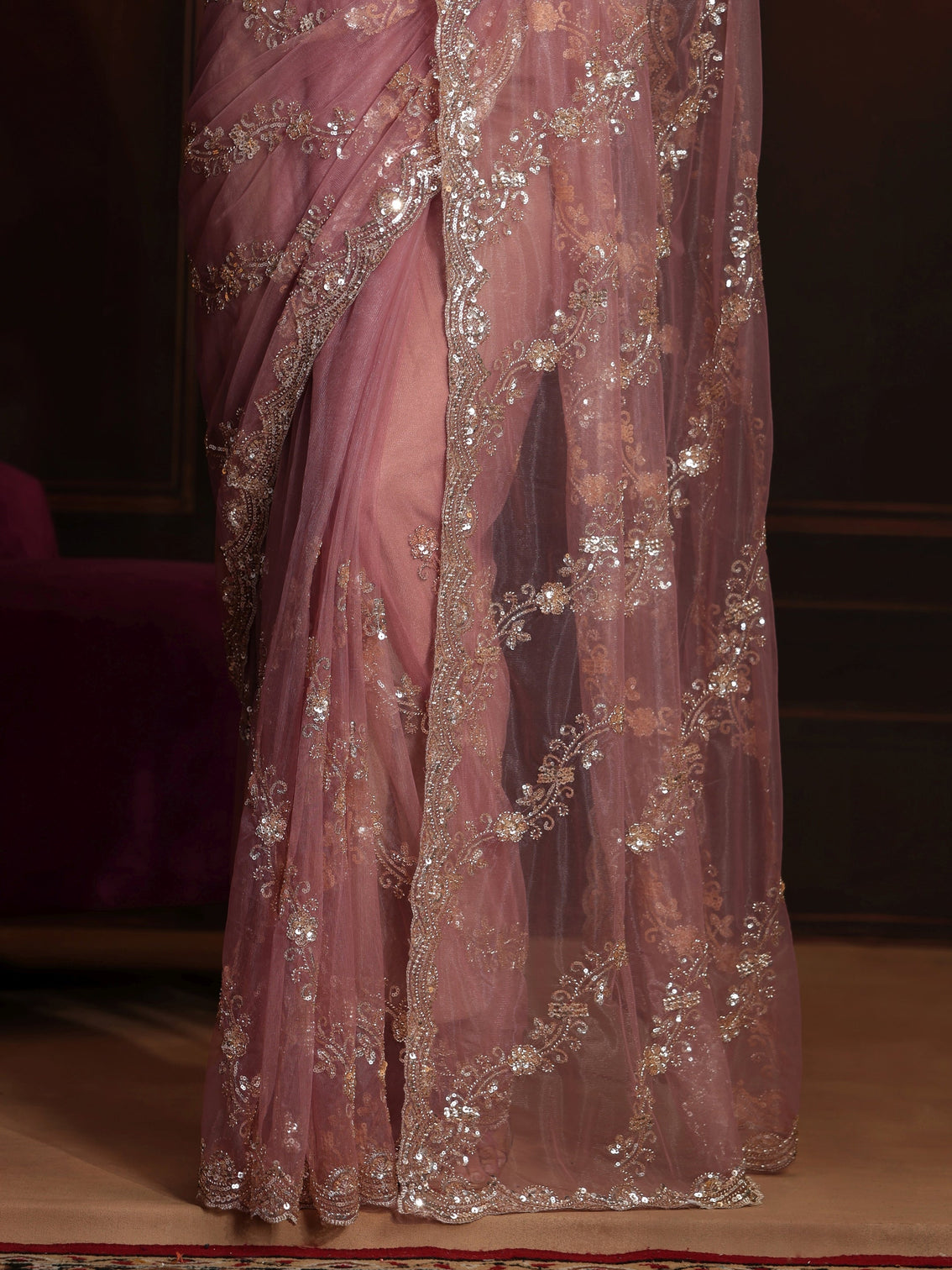 Mameraa Art Dusty Rose Pink Embellished Net Saree