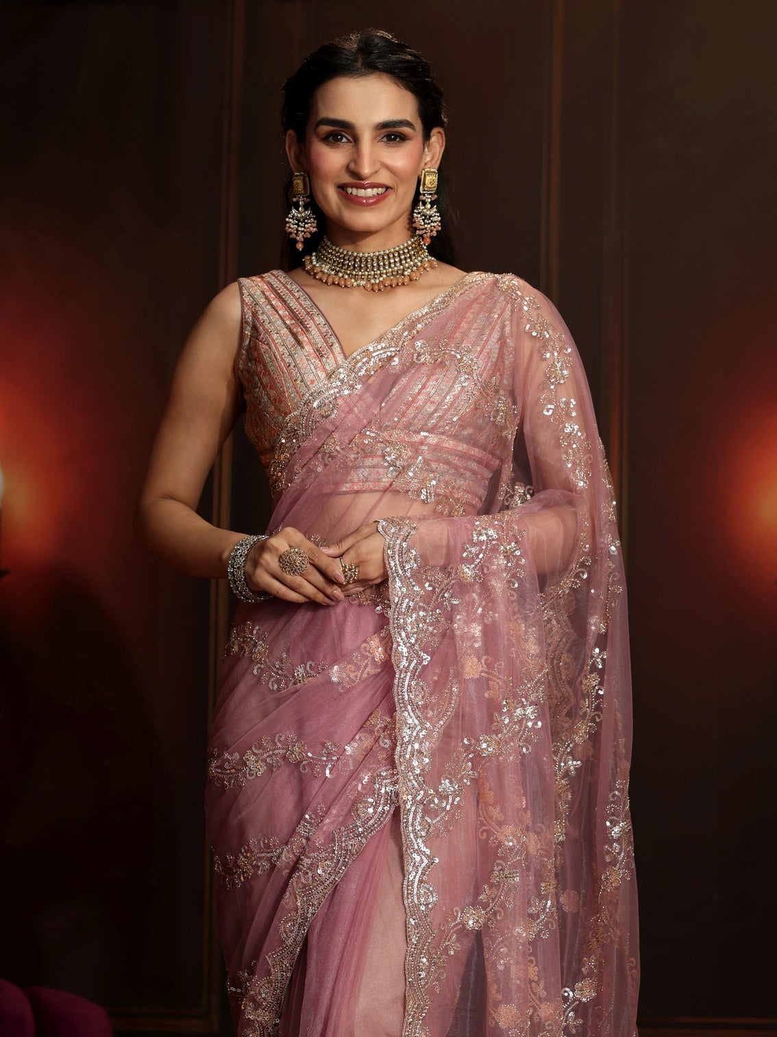 Mameraa Art Dusty Rose Pink Embellished Net Saree