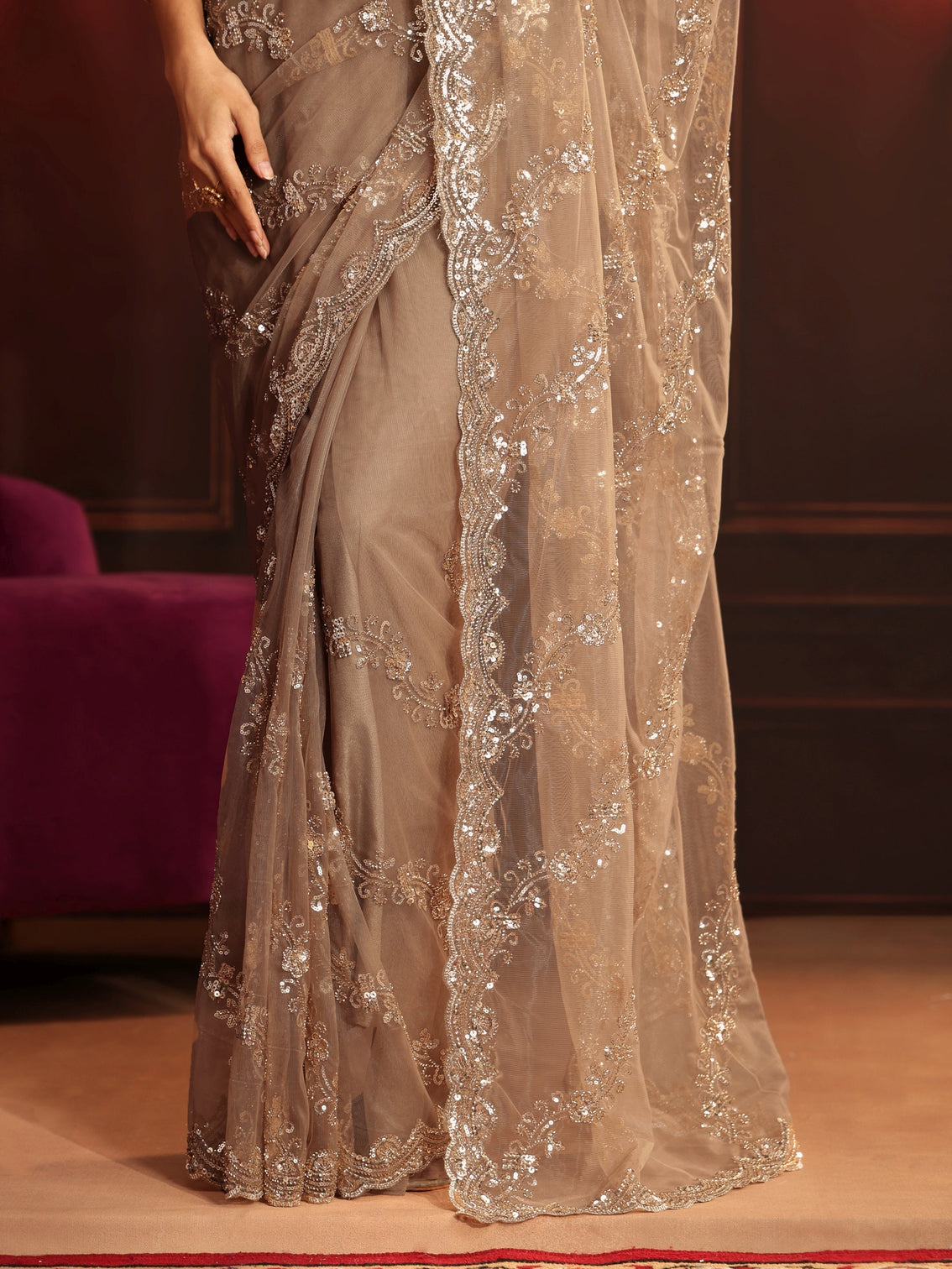 Mameraa Art Taupe Embellished Net Saree