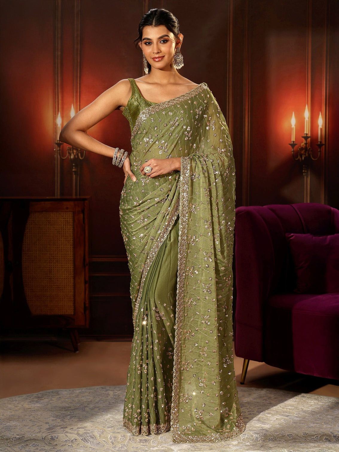Mameraa Art Olive Green Embellished Tissue Saree