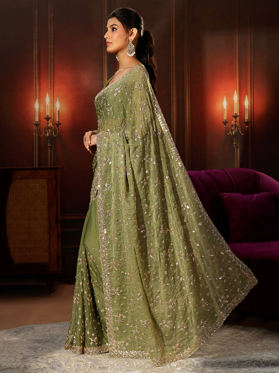 Mameraa Art Olive Green Embellished Tissue Saree