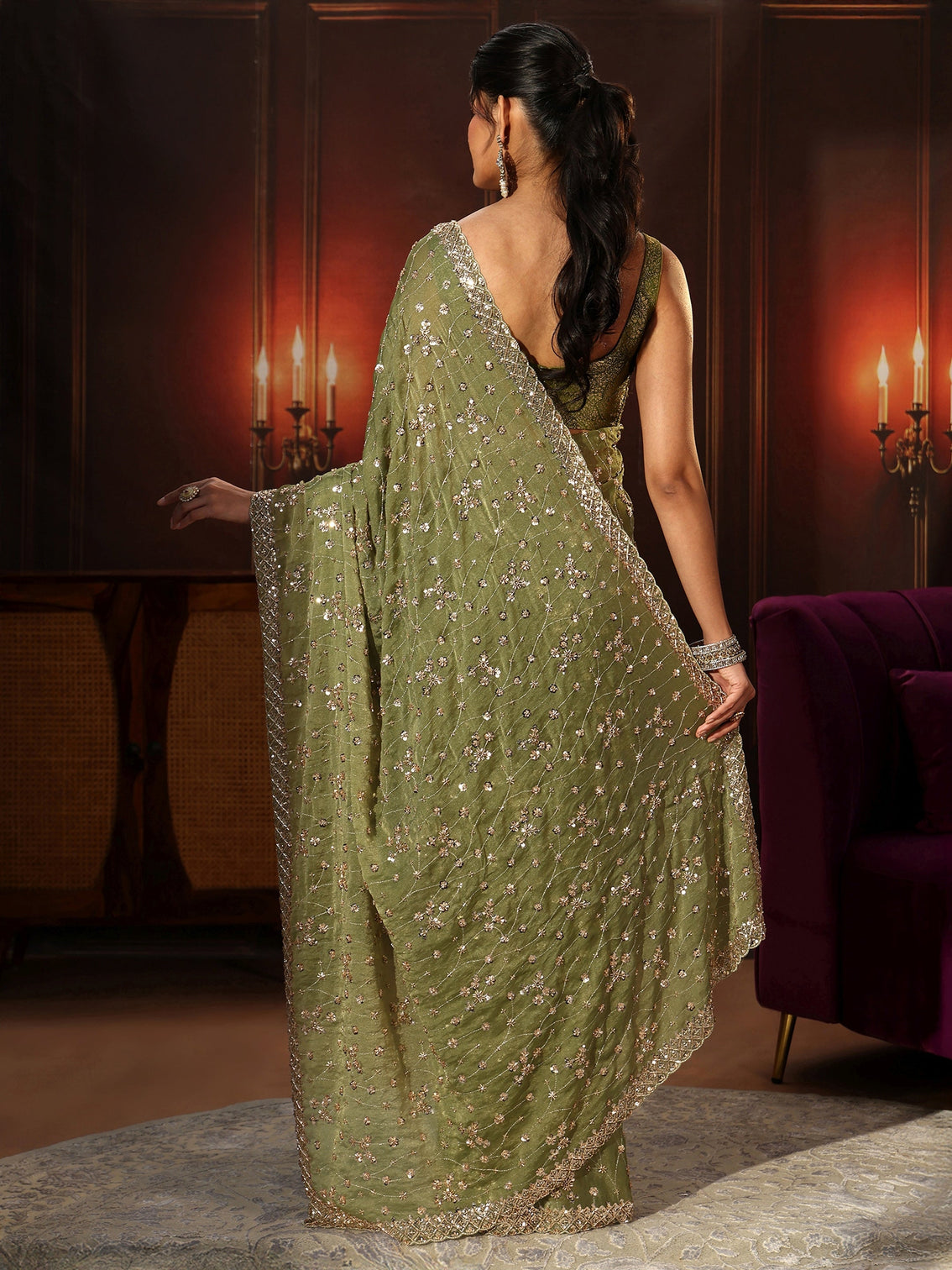 Mameraa Art Olive Green Embellished Tissue Saree