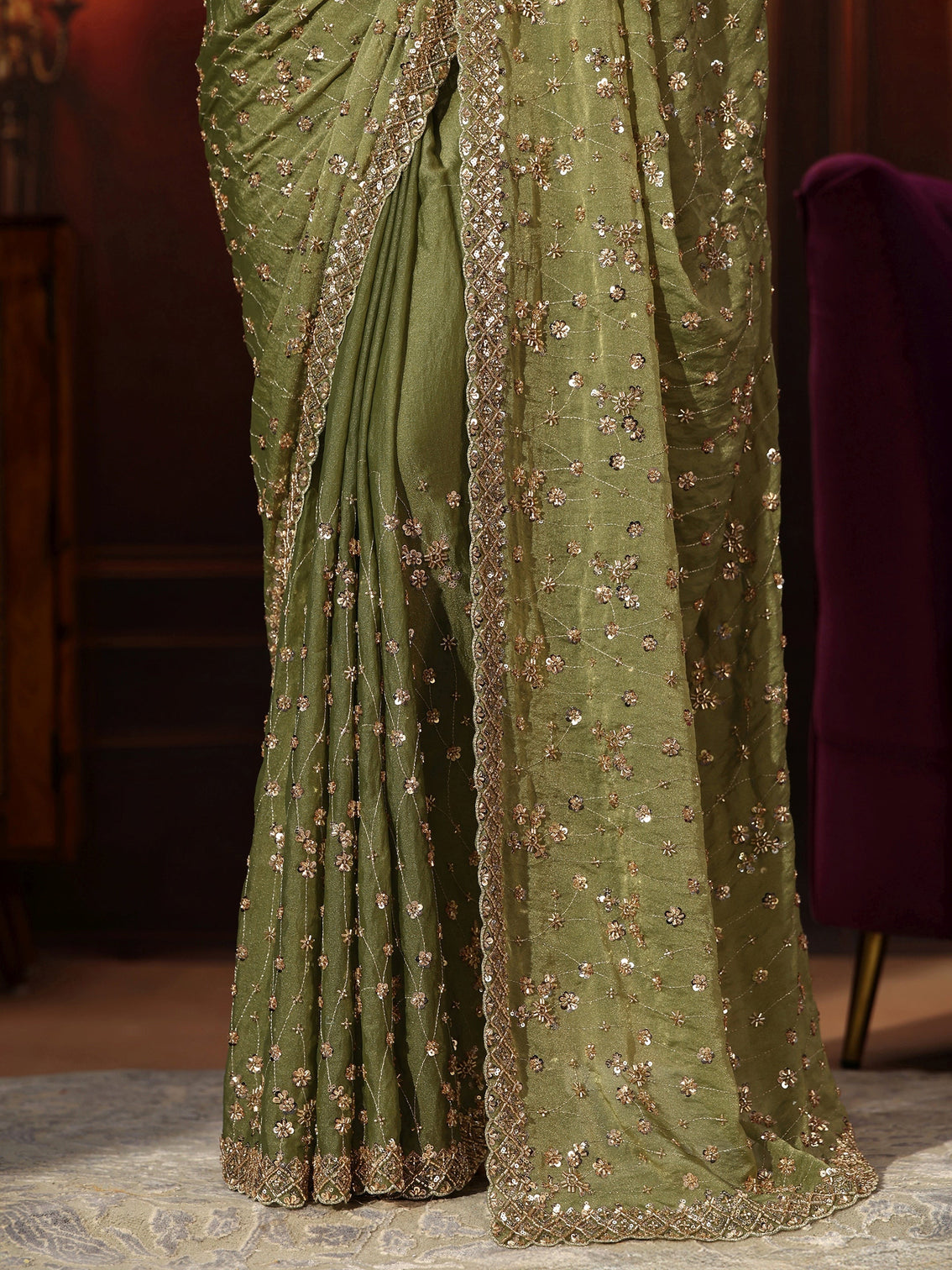 Mameraa Art Olive Green Embellished Tissue Saree