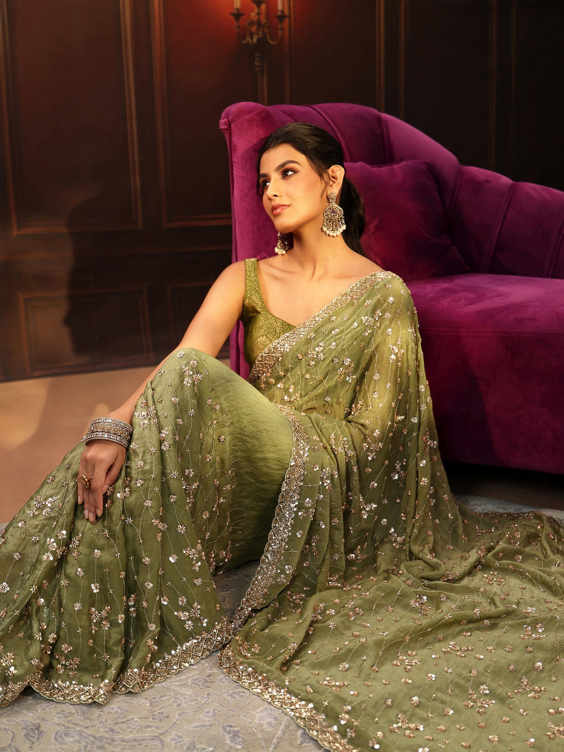 Mameraa Art Olive Green Embellished Tissue Saree