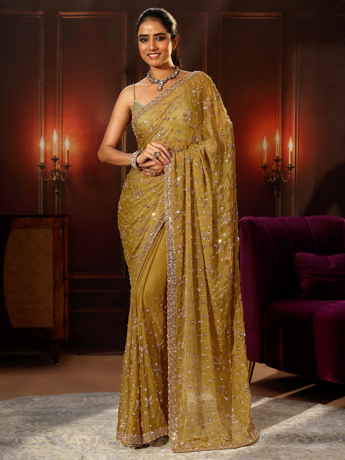 Mameraa Art Light Henna Green Embellished Tissue Saree