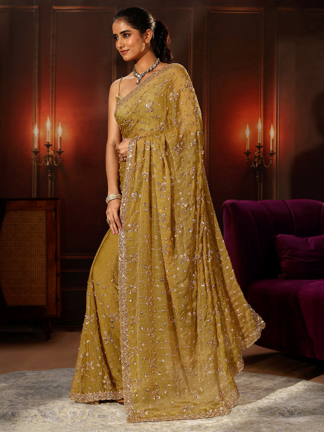 Mameraa Art Light Henna Green Embellished Tissue Saree