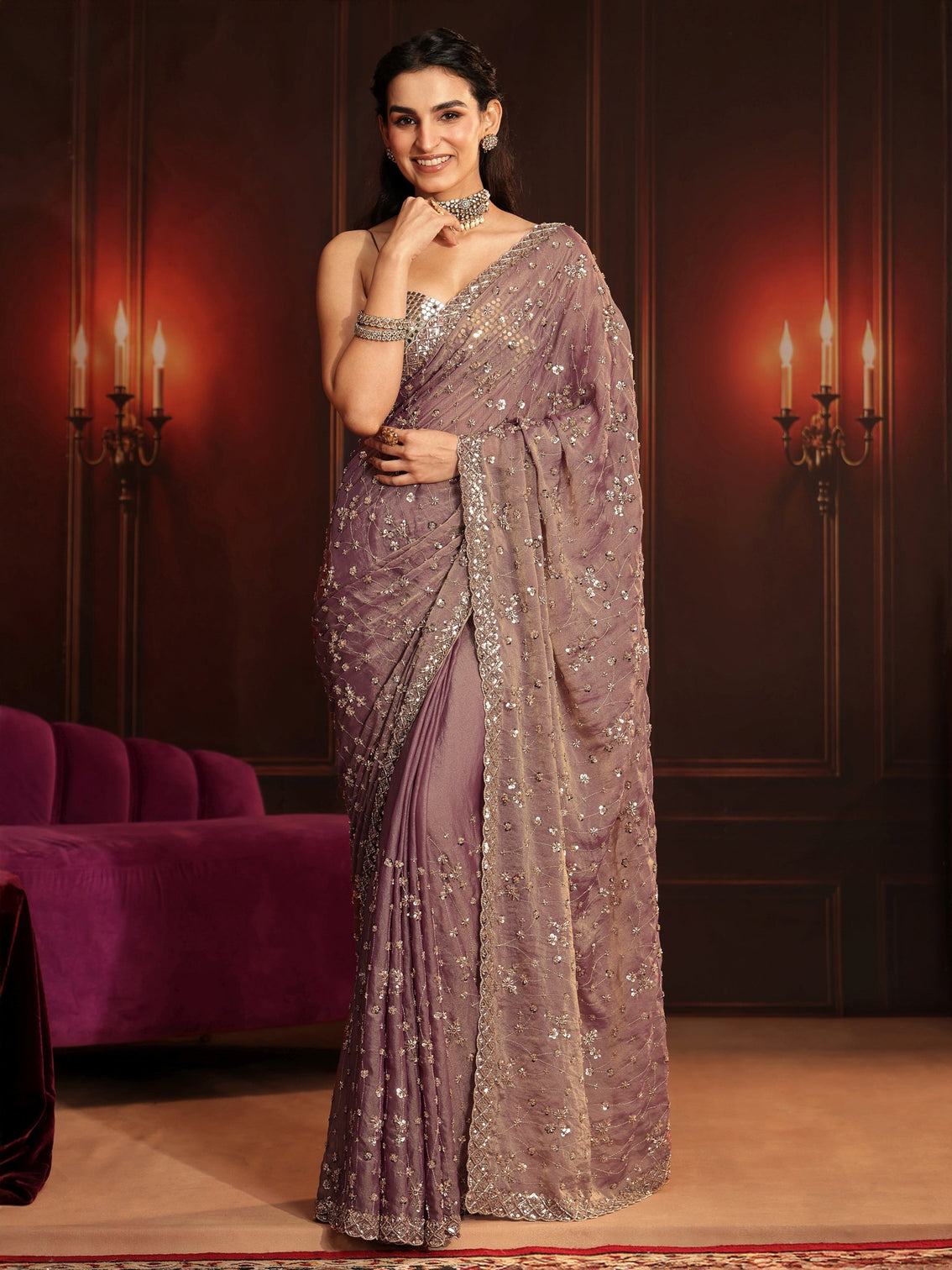 Mameraa Art Dusty Lavender Embellished Tissue Saree