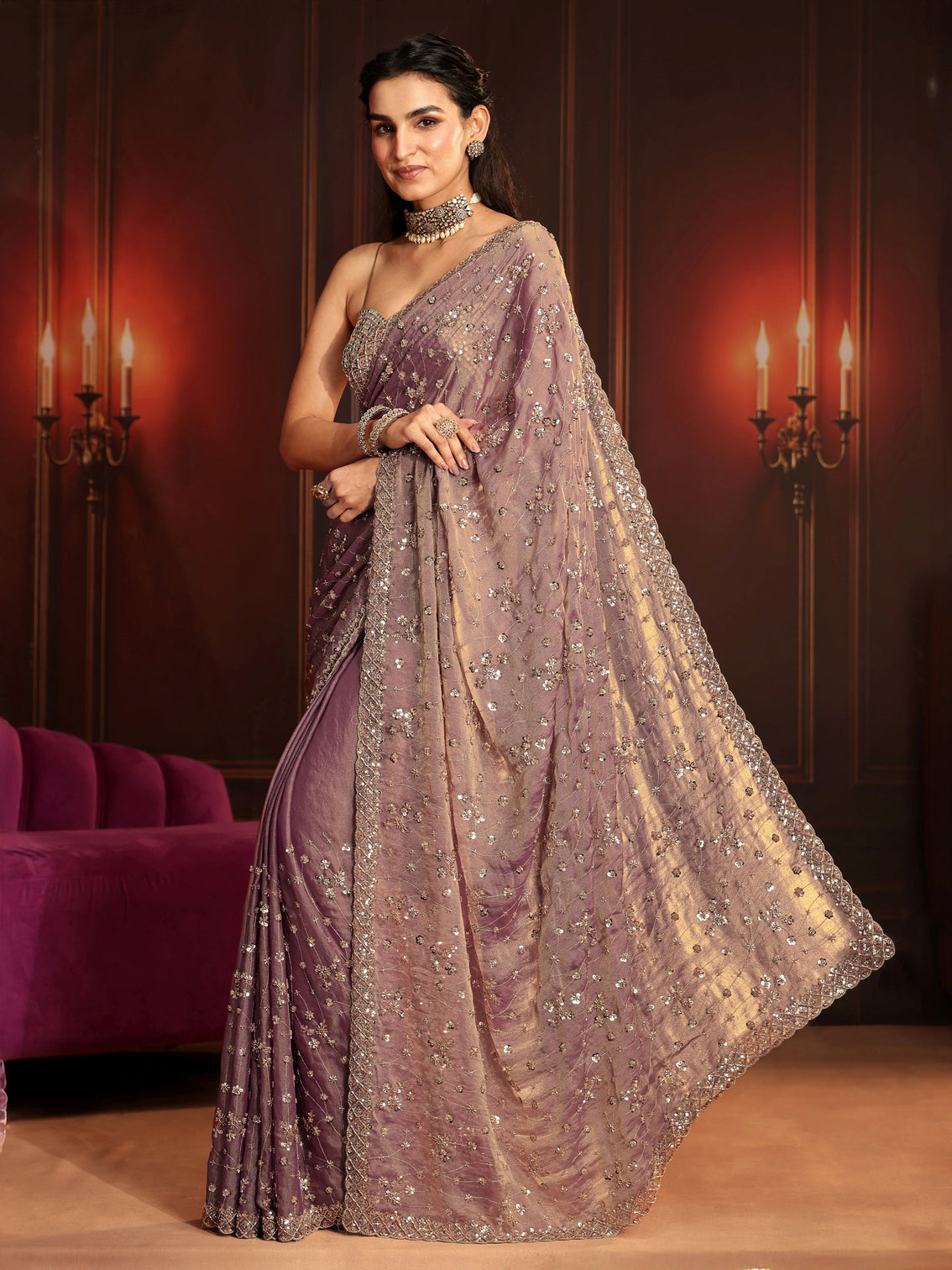 Mameraa Art Dusty Lavender Embellished Tissue Saree