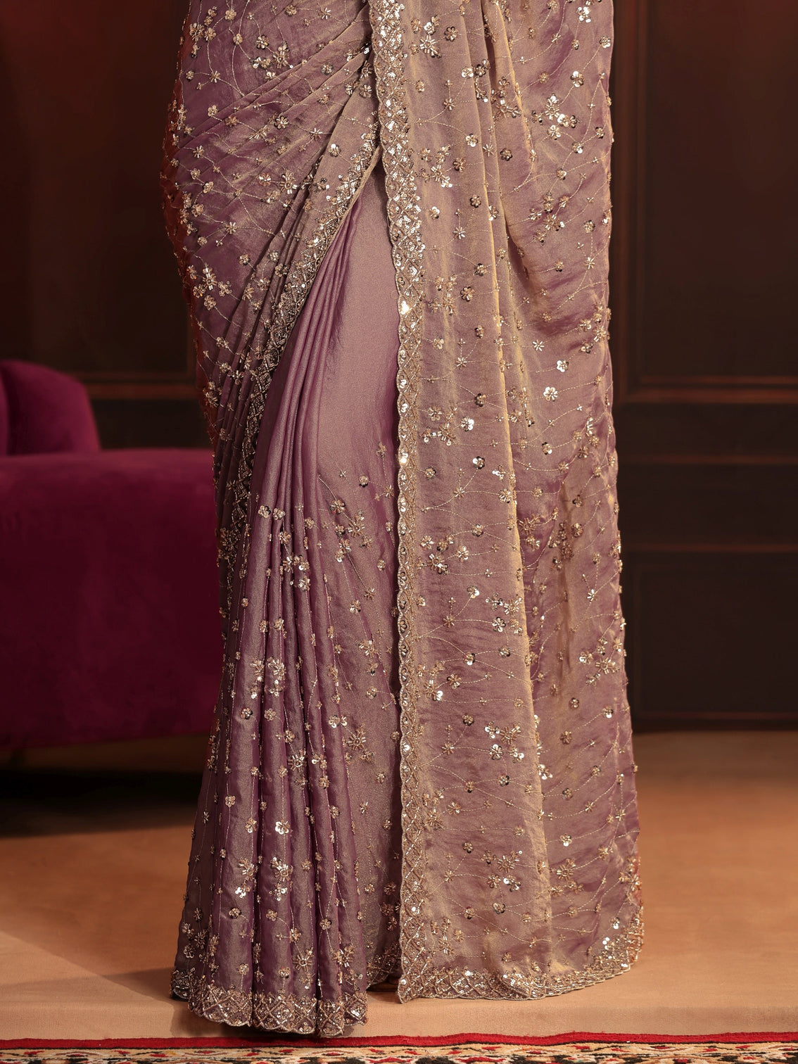 Mameraa Art Dusty Lavender Embellished Tissue Saree