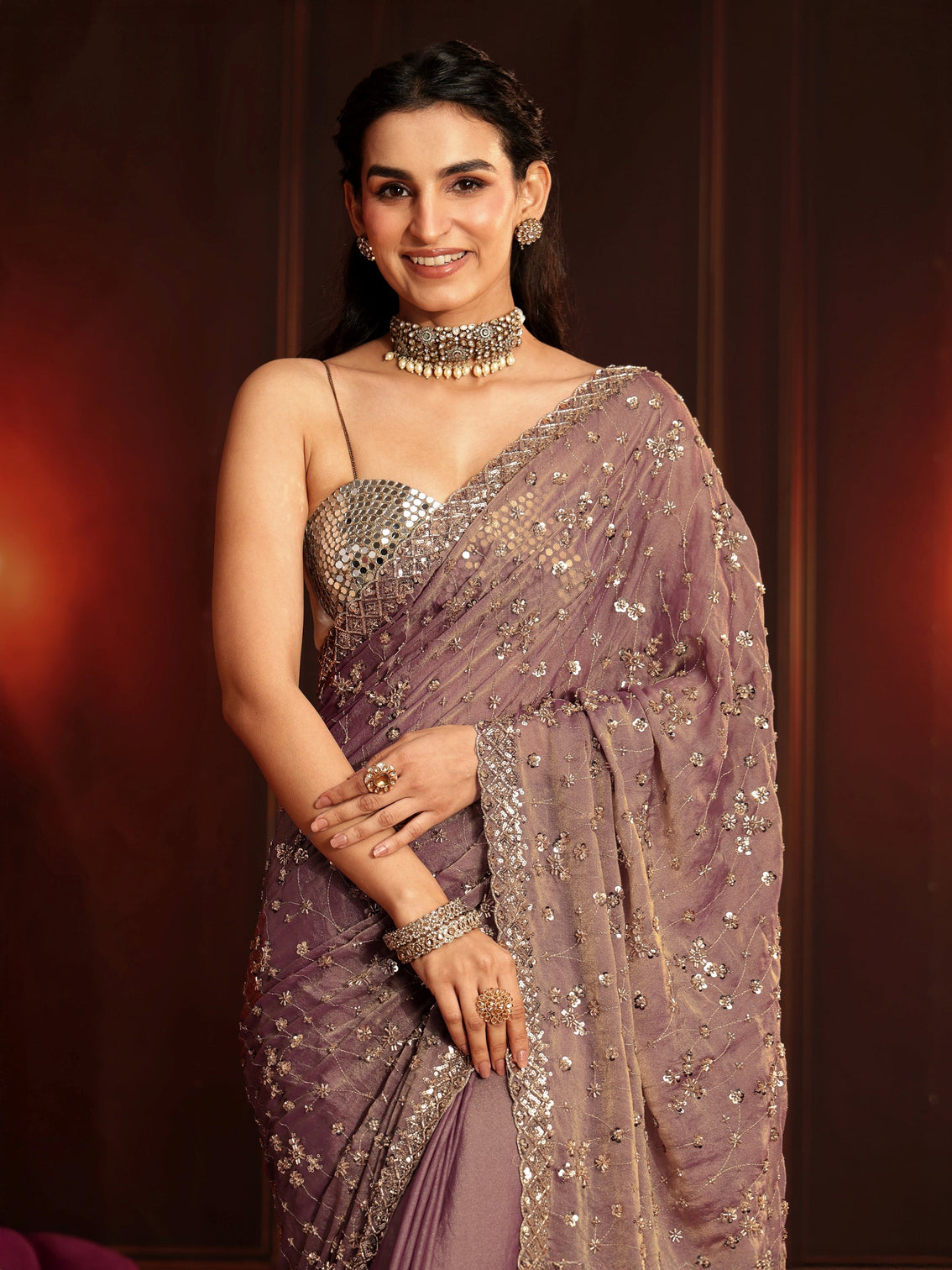 Mameraa Art Dusty Lavender Embellished Tissue Saree