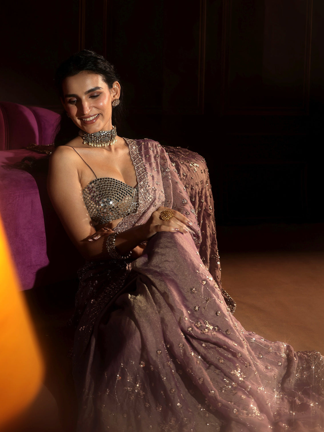 Mameraa Art Dusty Lavender Embellished Tissue Saree