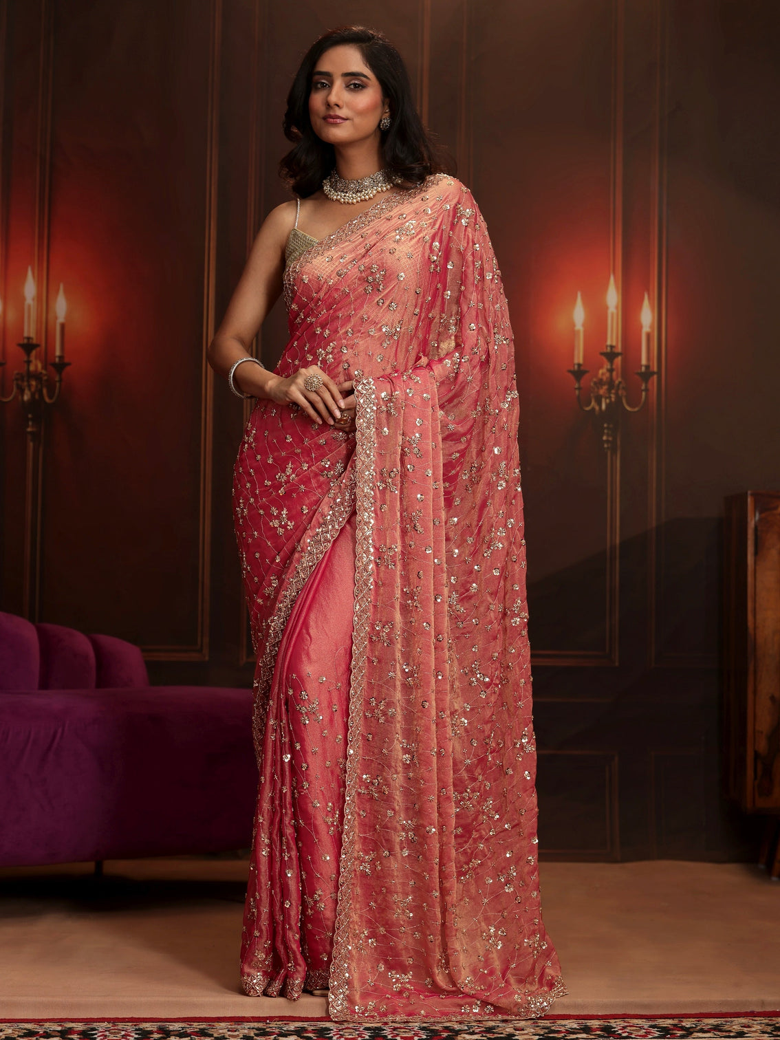 Mameraa Art Coral Pink Embellished Tissue Saree