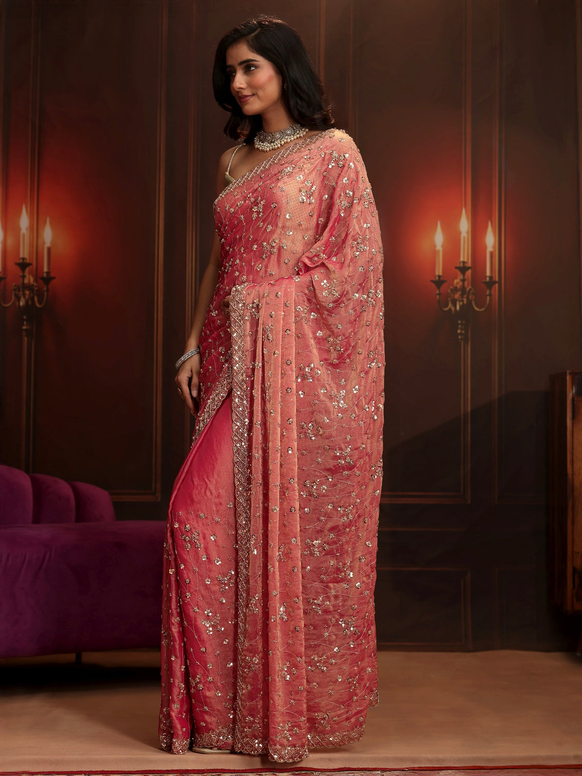 Mameraa Art Coral Pink Embellished Tissue Saree