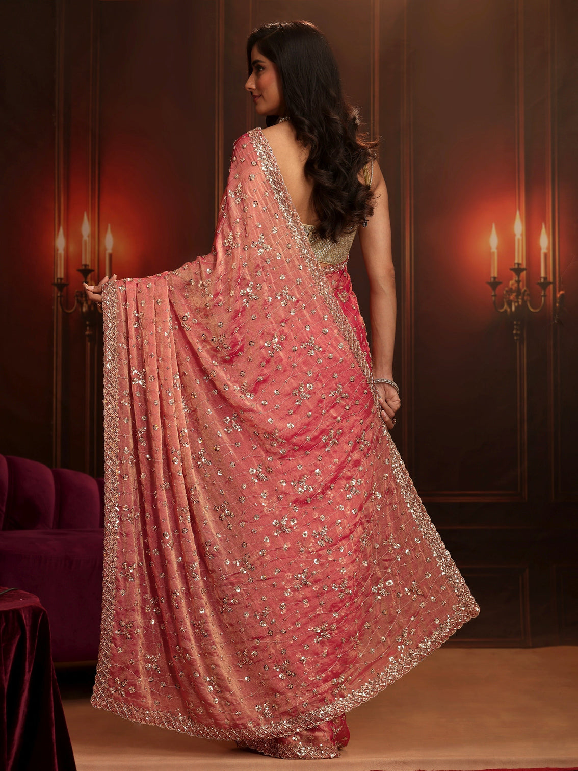Mameraa Art Coral Pink Embellished Tissue Saree