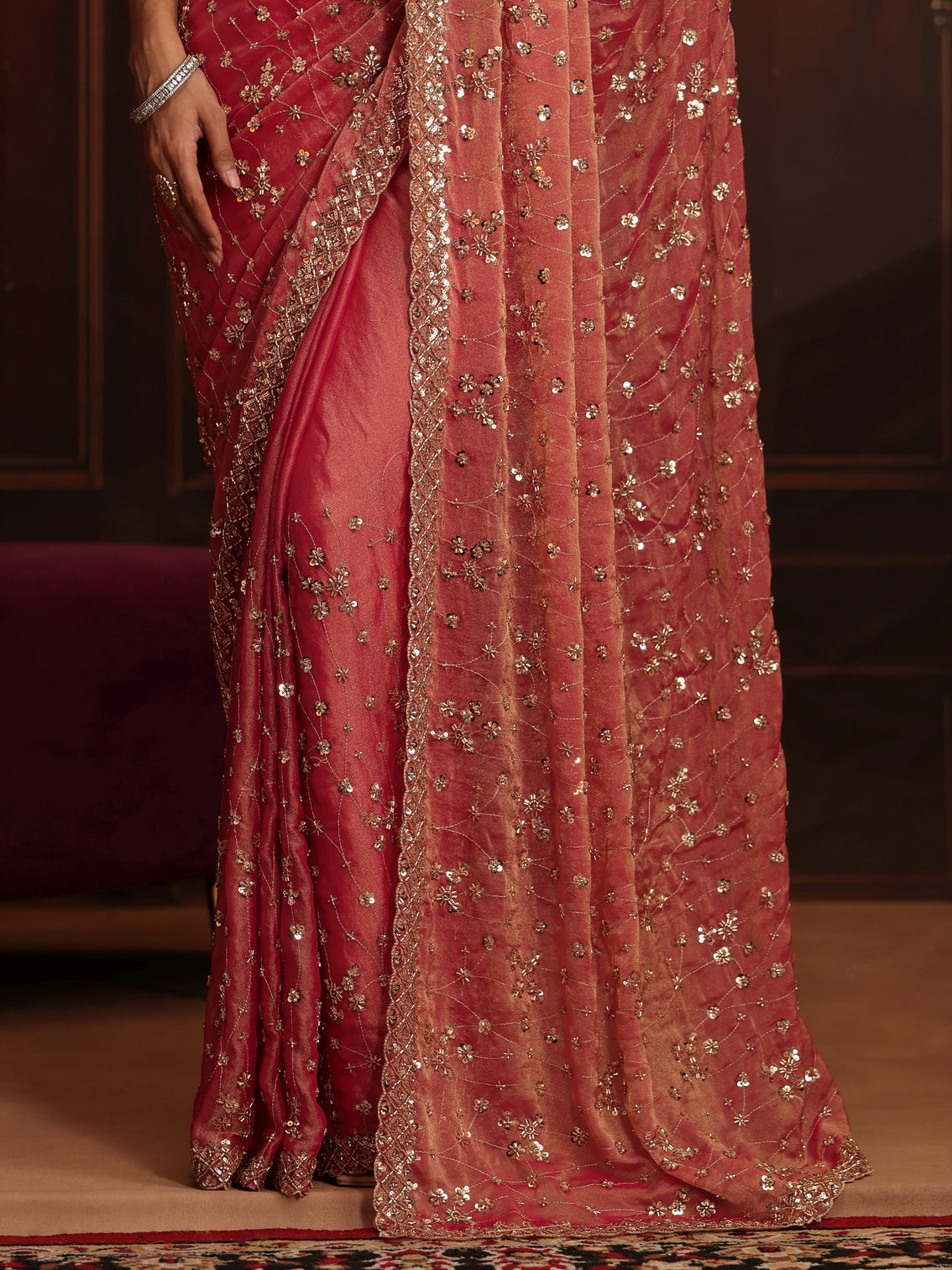 Mameraa Art Coral Pink Embellished Tissue Saree