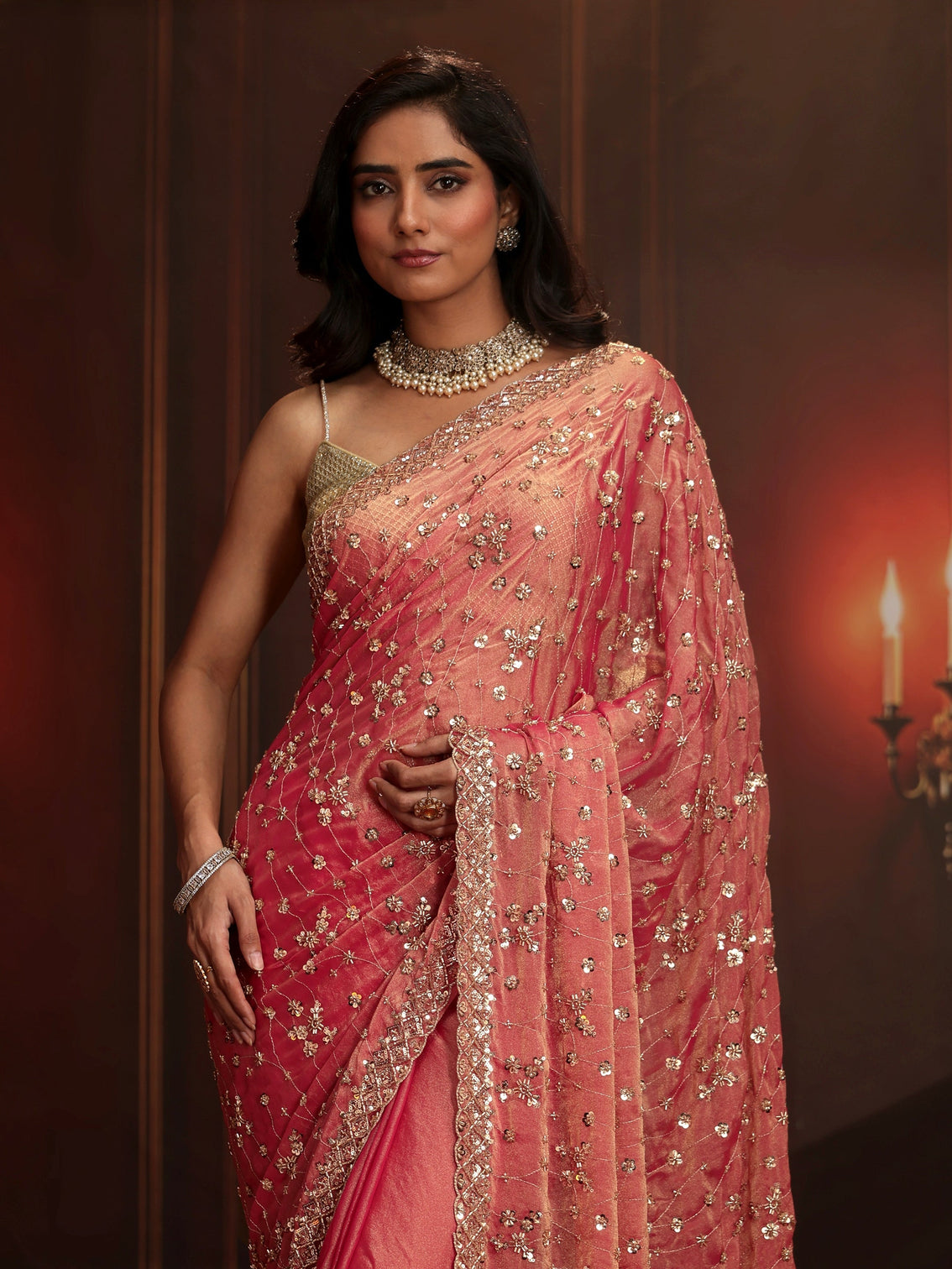 Mameraa Art Coral Pink Embellished Tissue Saree